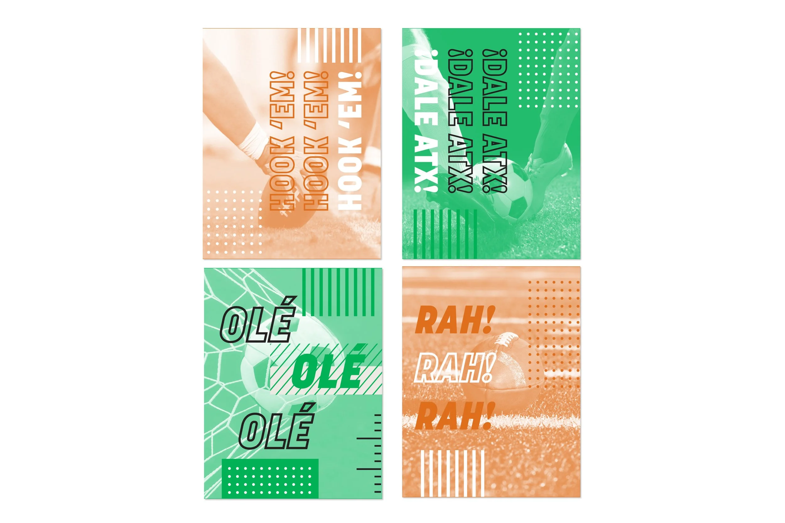 Four sports-themed posters featuring soccer and football phrases, with images of athletes and sports equipment, using orange, green, and white color schemes.