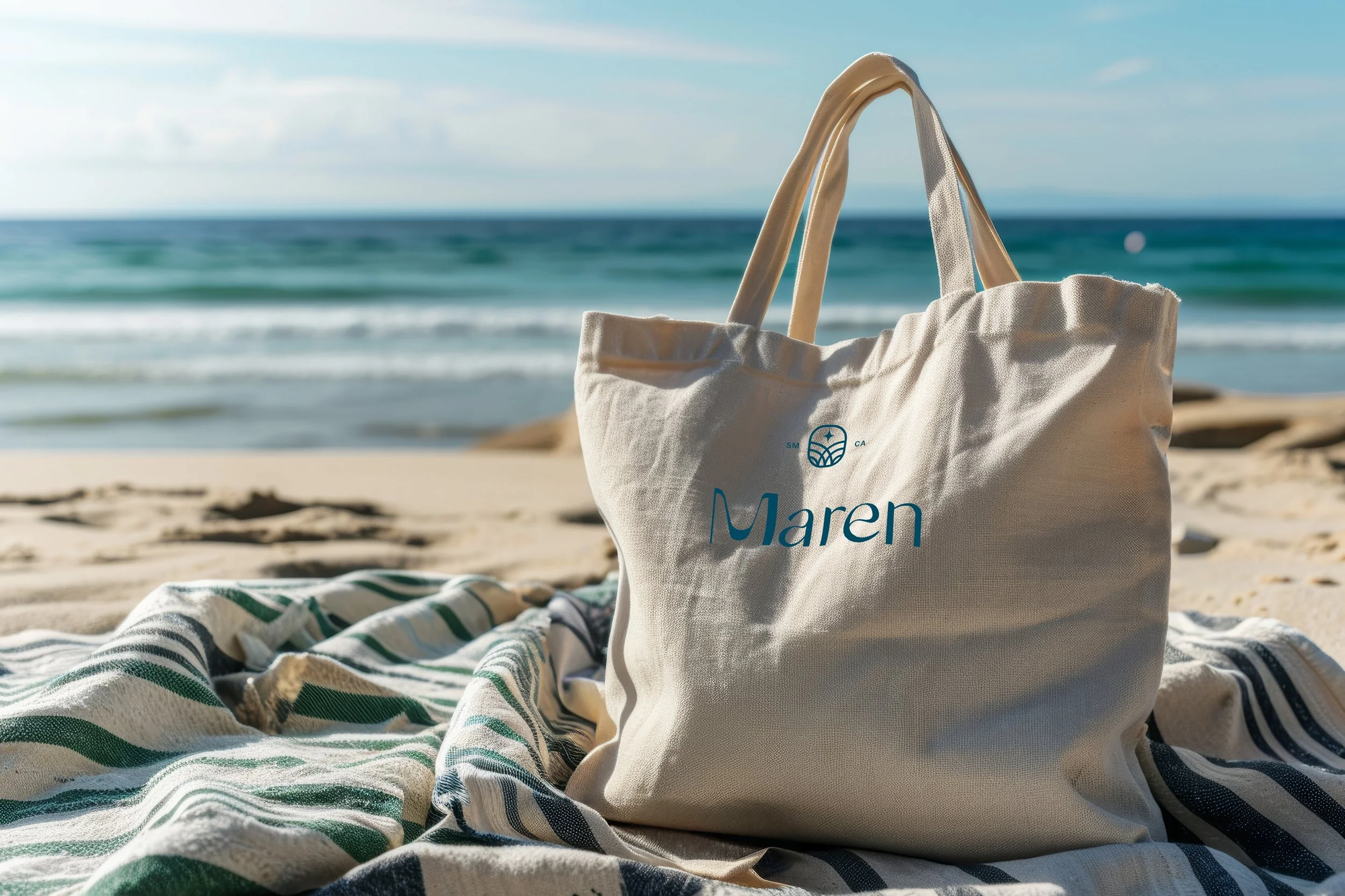 A beige tote bag with the name "Maren" printed on it, sitting on a striped towel on the sandy beach. In the background, ocean waves and the blue sky are visible.