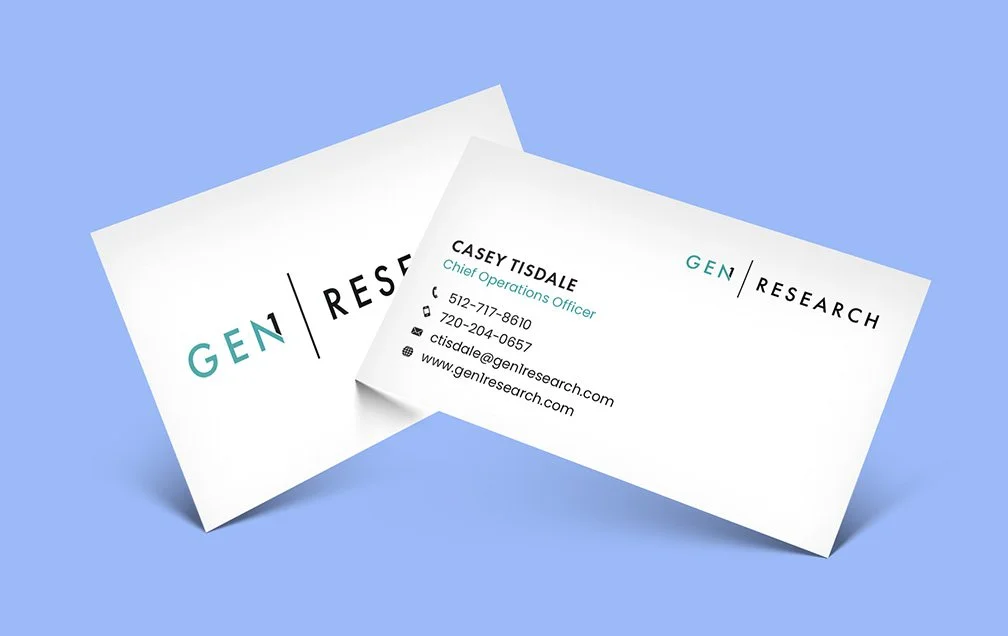 Two business cards for GEN1 RESEARCH with contact information and the name on a light blue background.