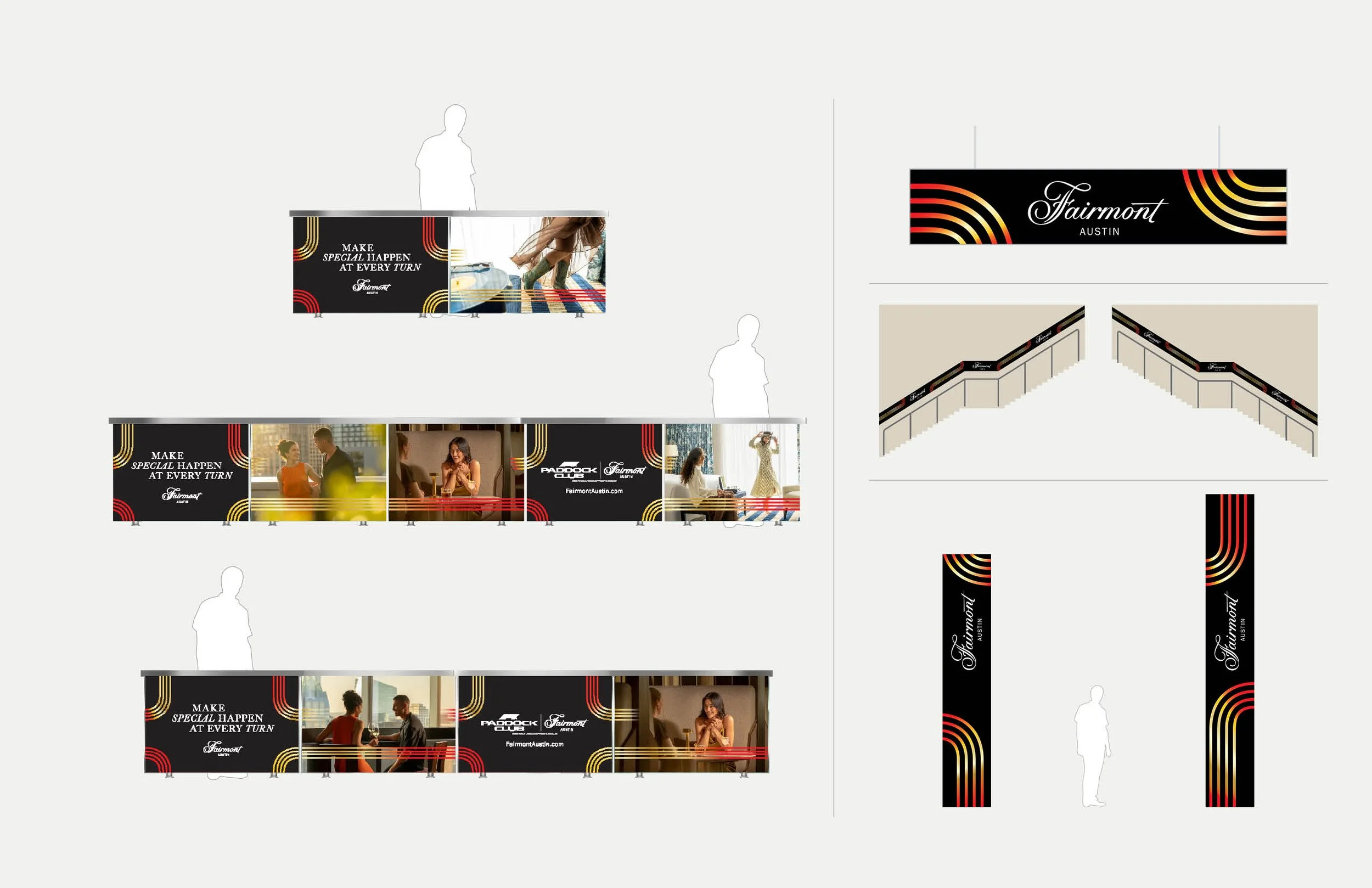 Design mockup of promotional signs for Fairmont Austin hotel, featuring black backgrounds with red, gold, and yellow wave-like patterns, images of people engaging in social activities, and the hotel logo.