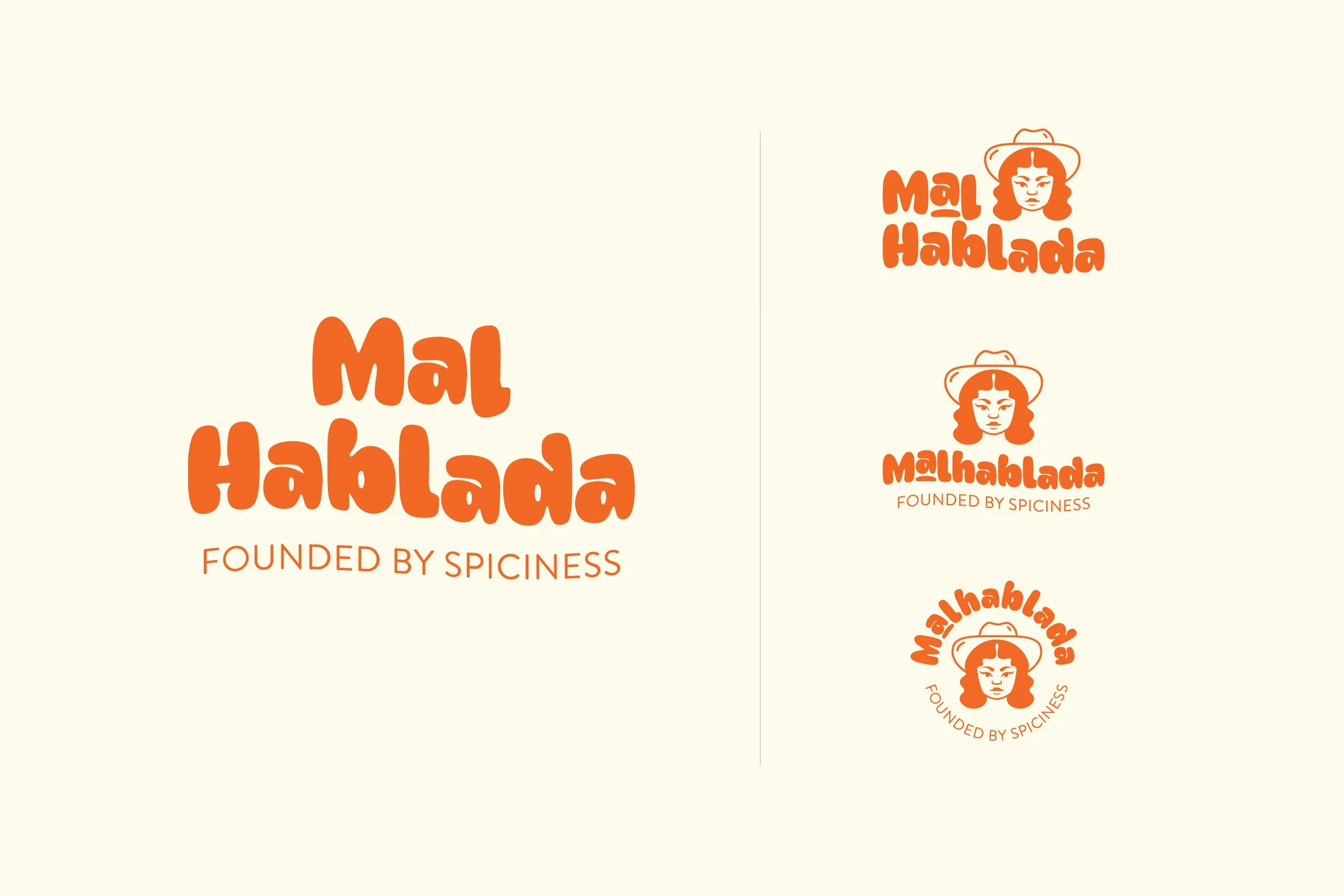 Logo design with orange text that says "Mal Hablada" and "Founded by Spiciness" with a stylized illustration of a woman with a hat, appearing in different arrangements and circular badge styles.