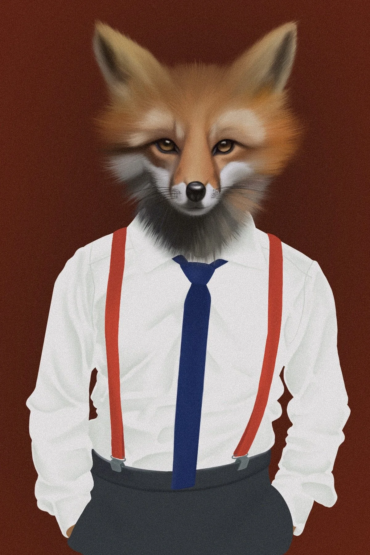 A digital illustration of a fox with a human body wearing a white shirt, red suspenders, a blue tie, and gray pants, against a dark background.