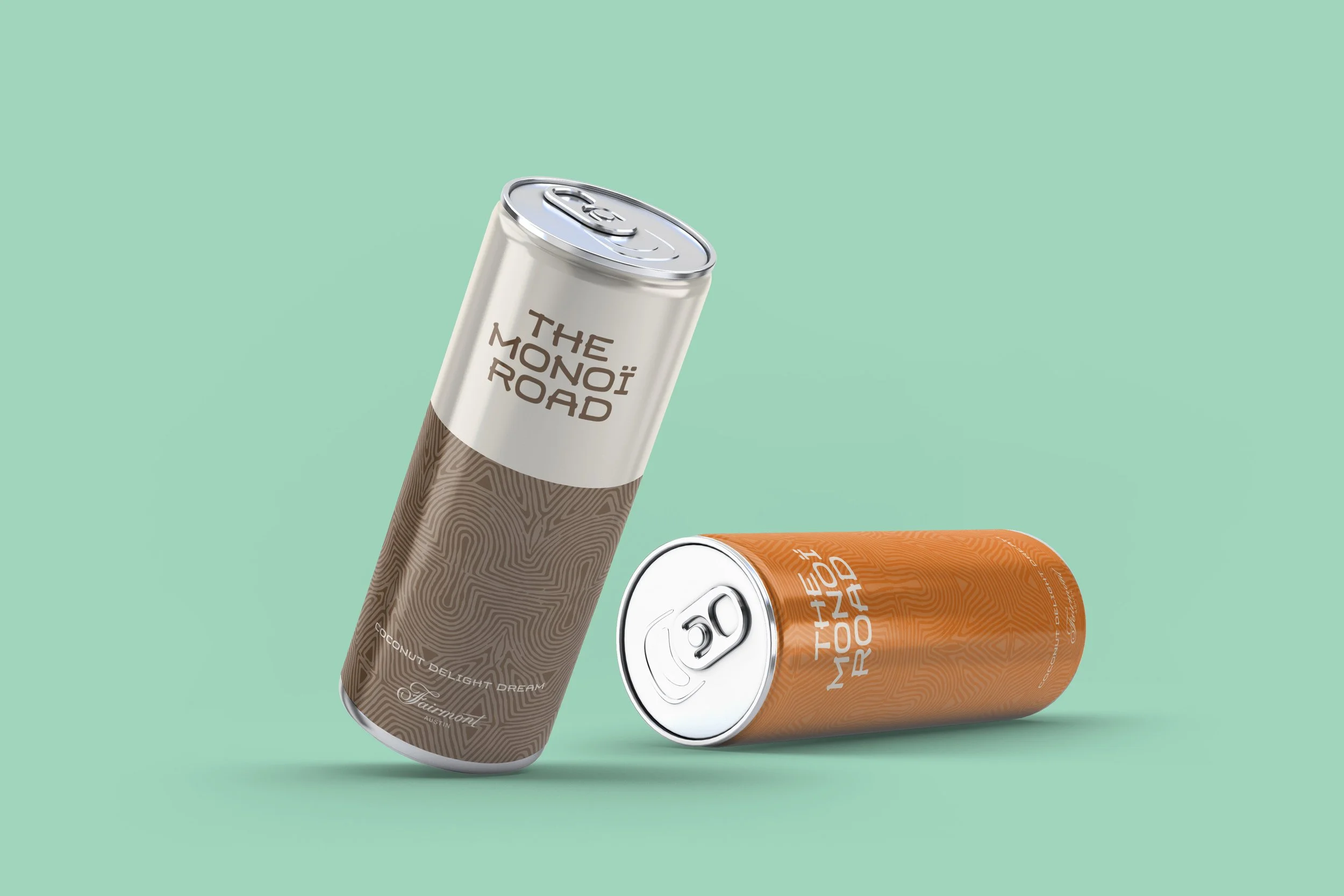 Two cans of The Monoi Road coconut delight drink, one standing upright and the other lying down, against a mint green background.
