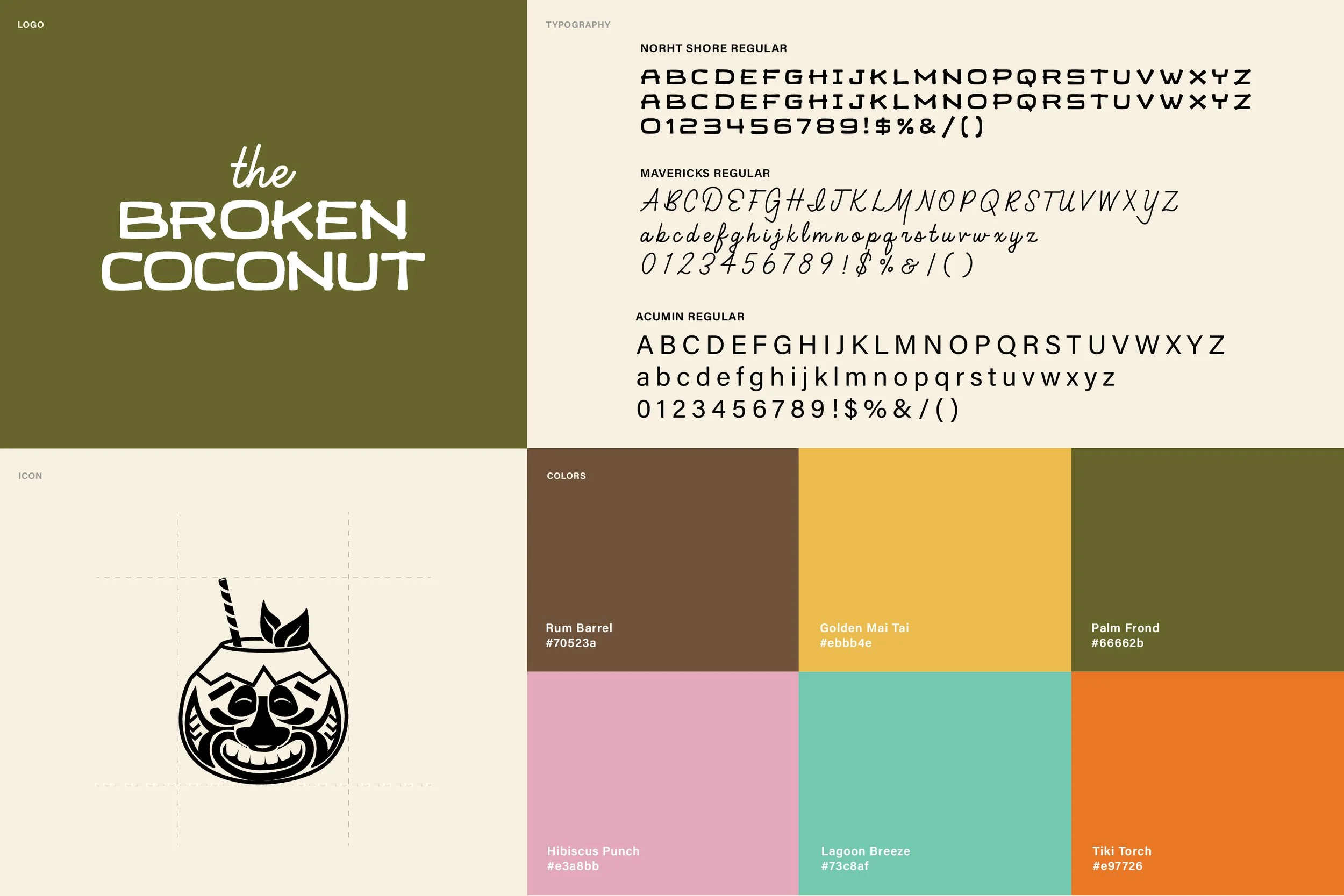 Design board for 'The Broken Coconut' logo, featuring typography samples, a black and white coconut drink icon, and color palette with shades named Rum Barrel, Golden Mai Tai, Palm Frond, Hibiscus Punch, Lagoon Breeze, and Tiki Torch.