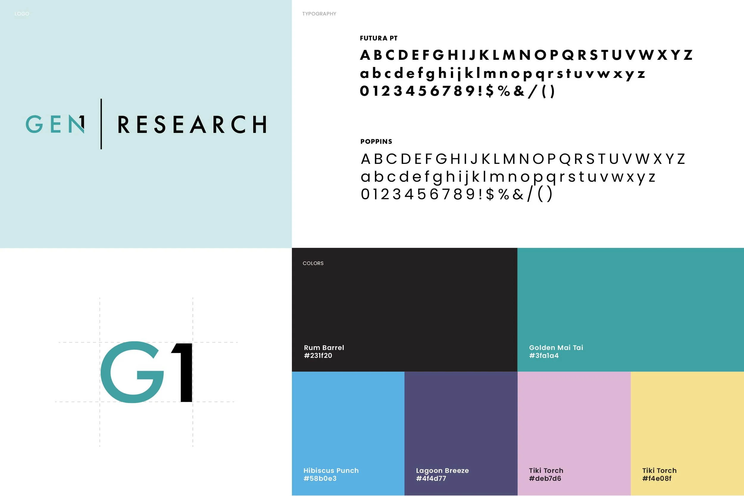 Design layout featuring a large 'G1' in stylized font, color palette with swatches and labels, font styles, and a logo section on a minimal background.