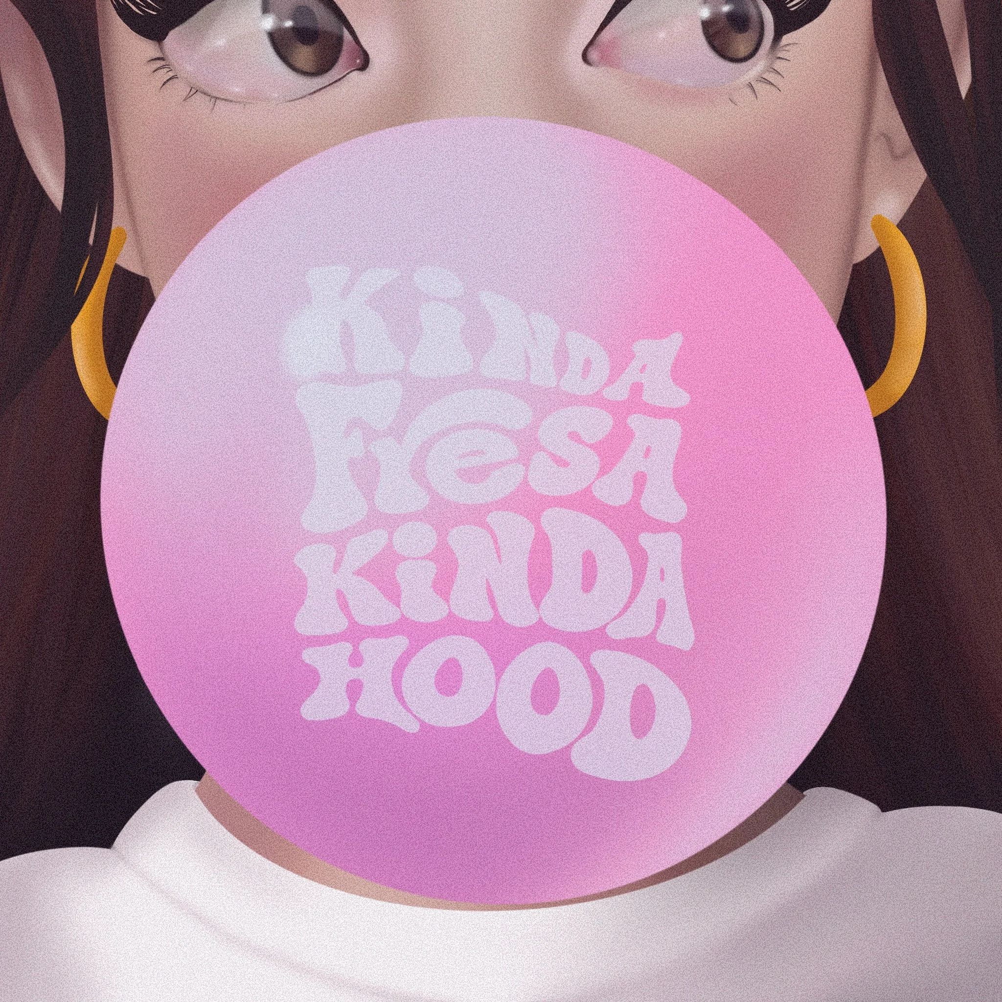 A person with brown eyes and long dark hair blowing a pink bubblegum balloon with white text that says 'Kinda Fresa, Kinda Hood'