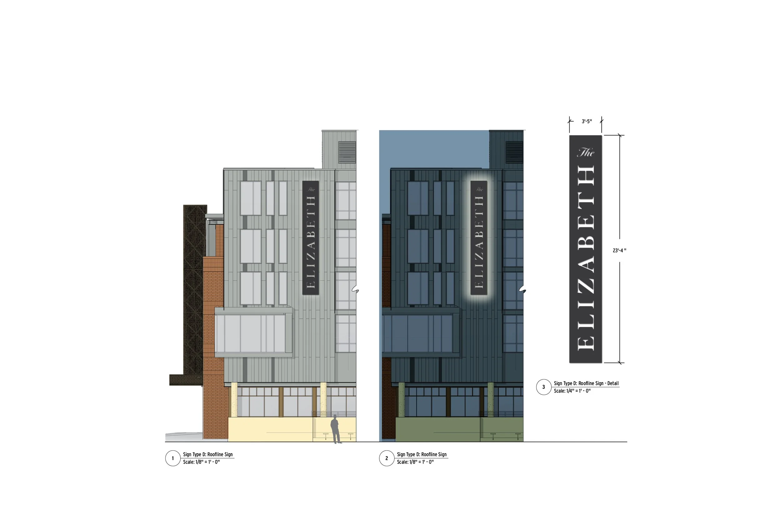 Architectural design plans of a building facade with signage reading 'The ELIZABETH' in vertical orientation, showing front and side views with dimensions and material details.