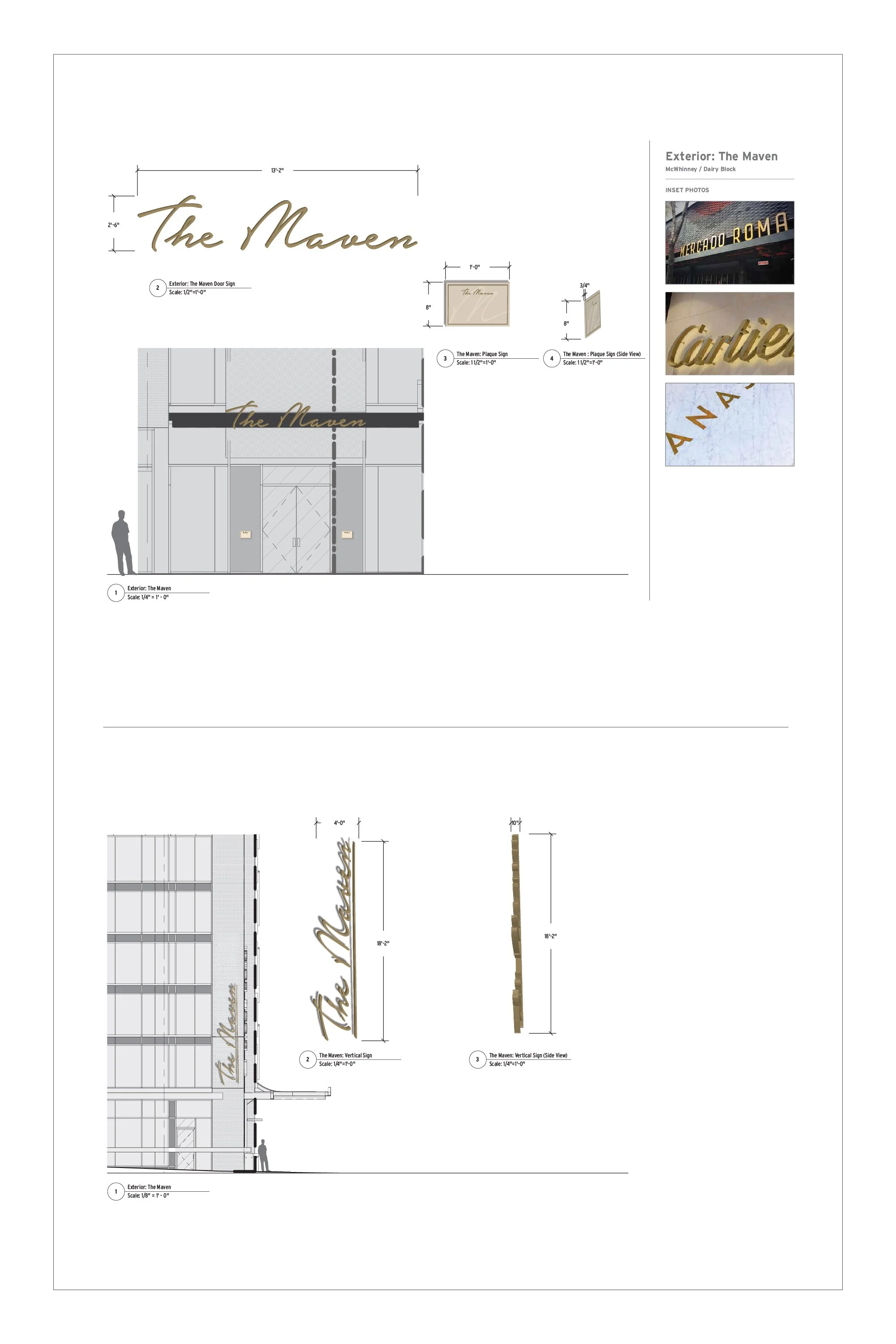 Architectural design plans for the exterior facade of The Maven building, including signage and decorative elements. Contains sketches, measurements, and photo references.