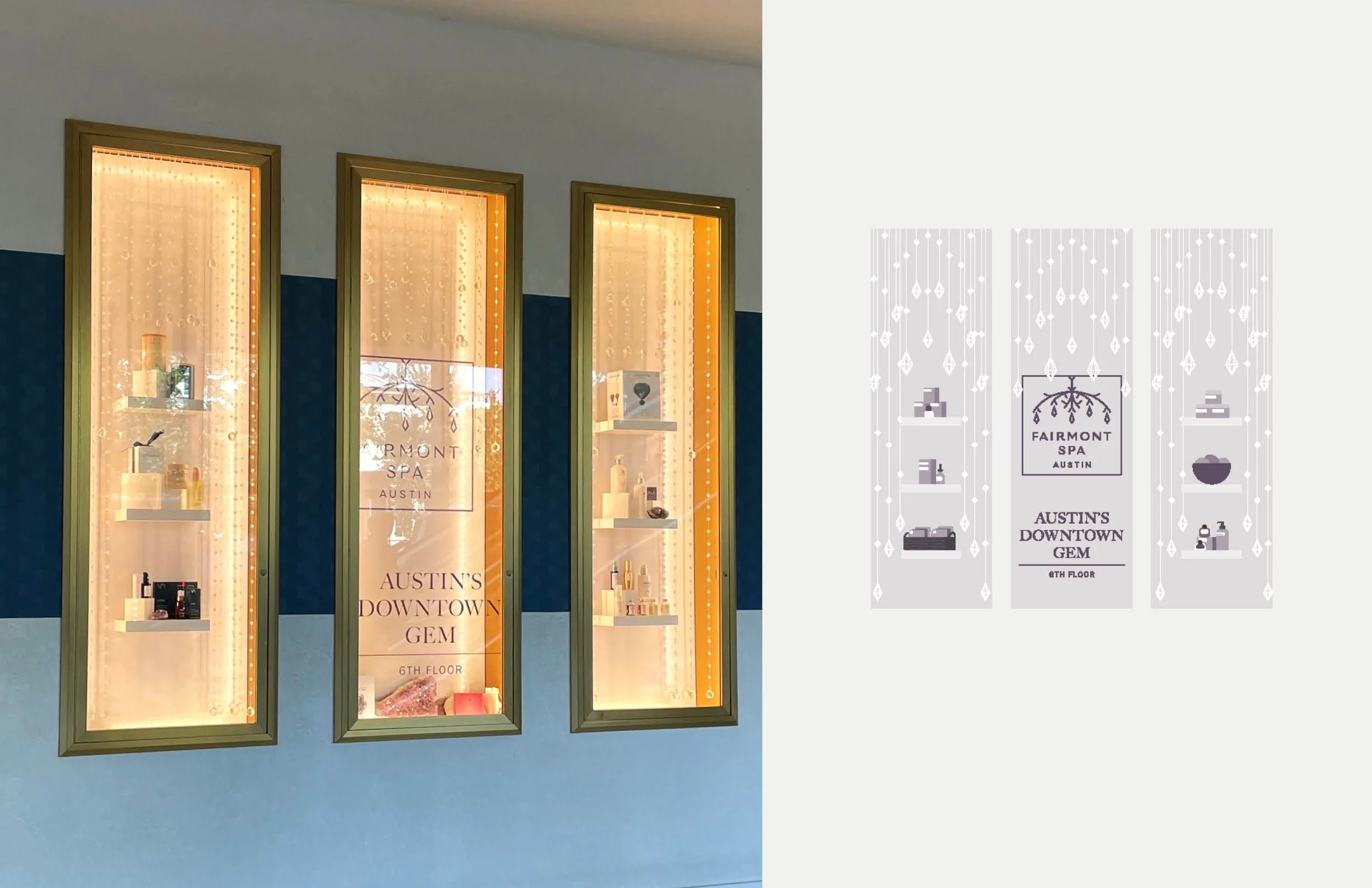 Display window of a spa with gold frames, showing skincare products inside, with a sign reading 'Fairmont Spa Austin, Austin's Downtown Gem, 6th Floor'.