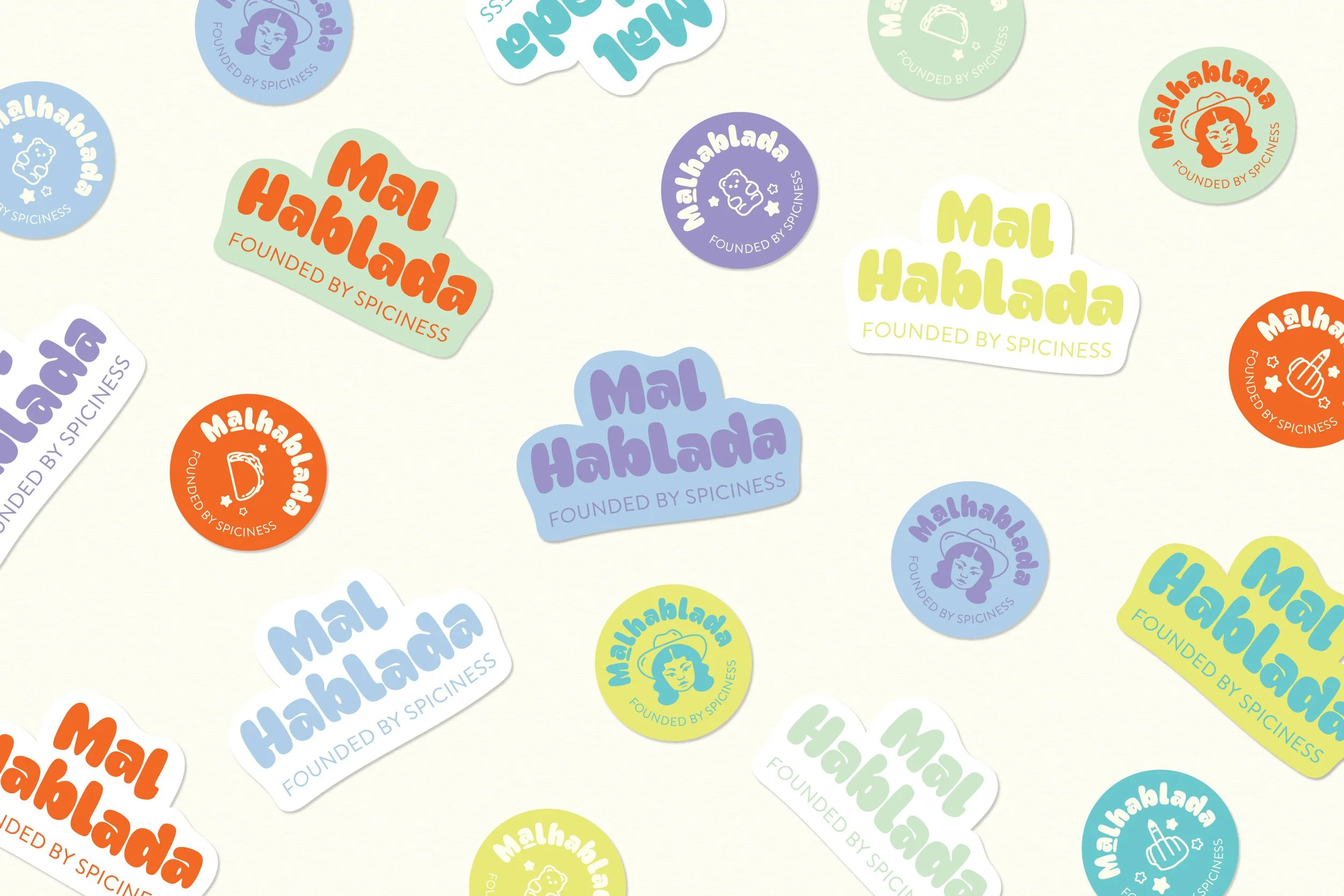 A collection of colorful snack product stickers, each with the brand name 'Mal Hablaa' and 'Founded by Spiciness,' featuring various colors and small themed illustrations.