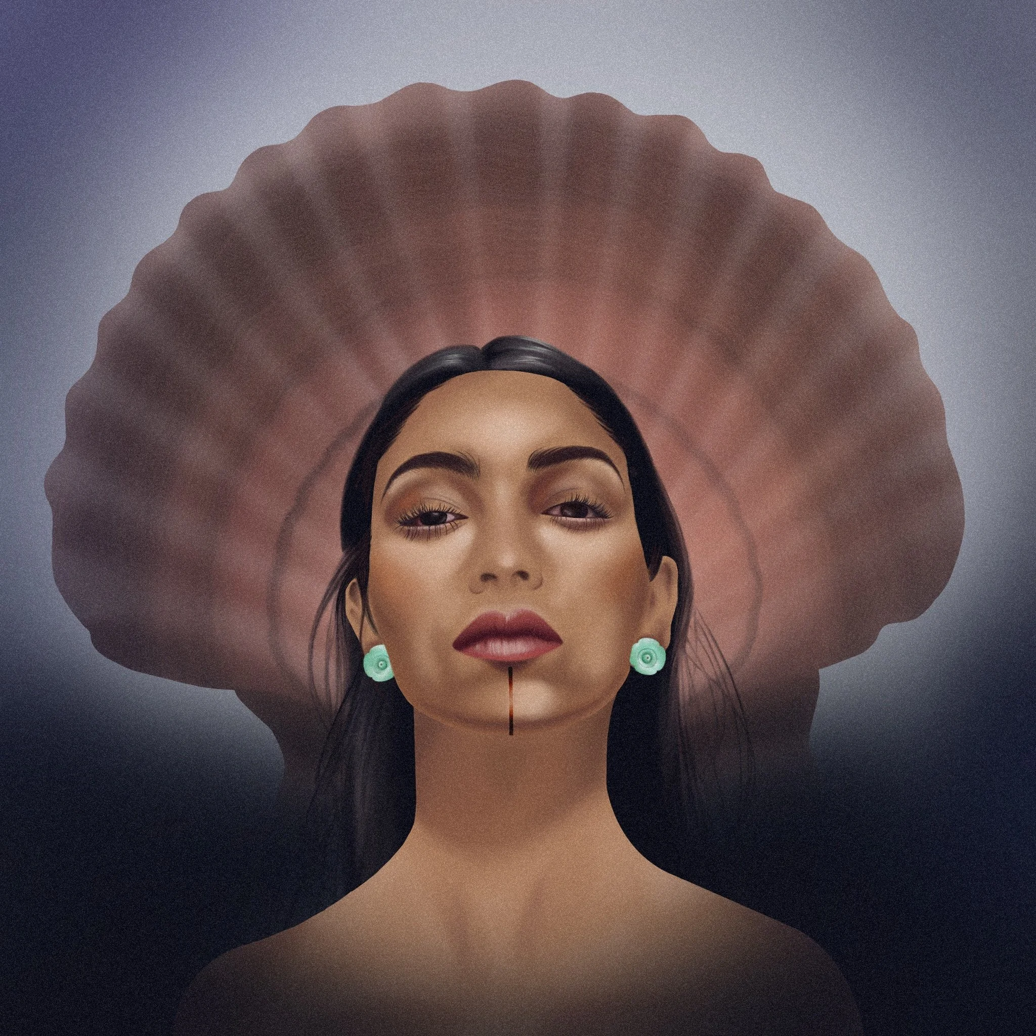 A woman with dark hair, light makeup, and turquoise earrings, stands in front of a large seashell background.