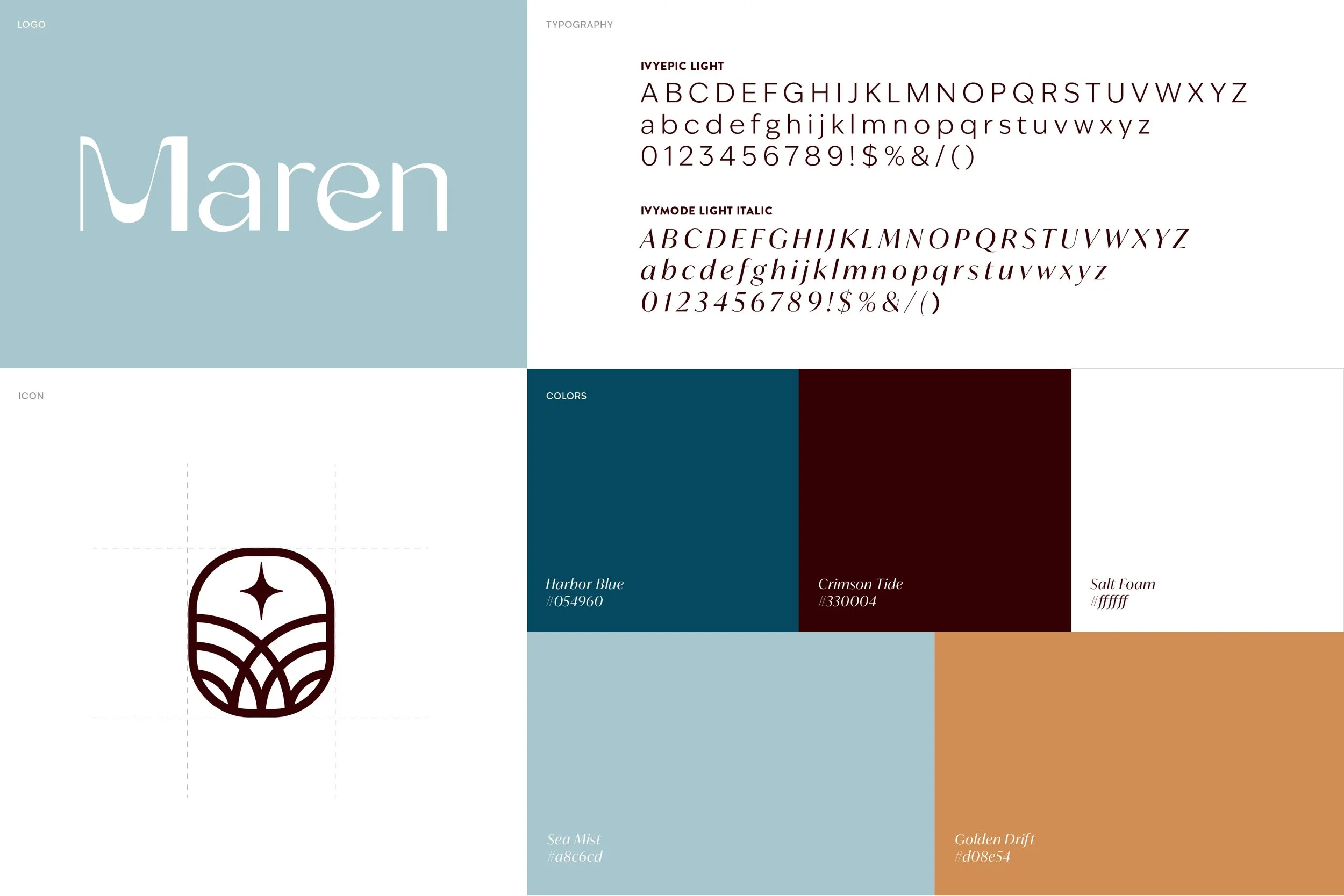 A branding style guide featuring the name 'Maren' in a script font. The guide includes typography examples of the same font in normal and italic styles, color palette with Harbor Blue, Crimson Tide, Salt Foam, Sea Mist, and Golden Drift, and an icon resembling a stylized oval shape with a star and wave-like patterns inside.