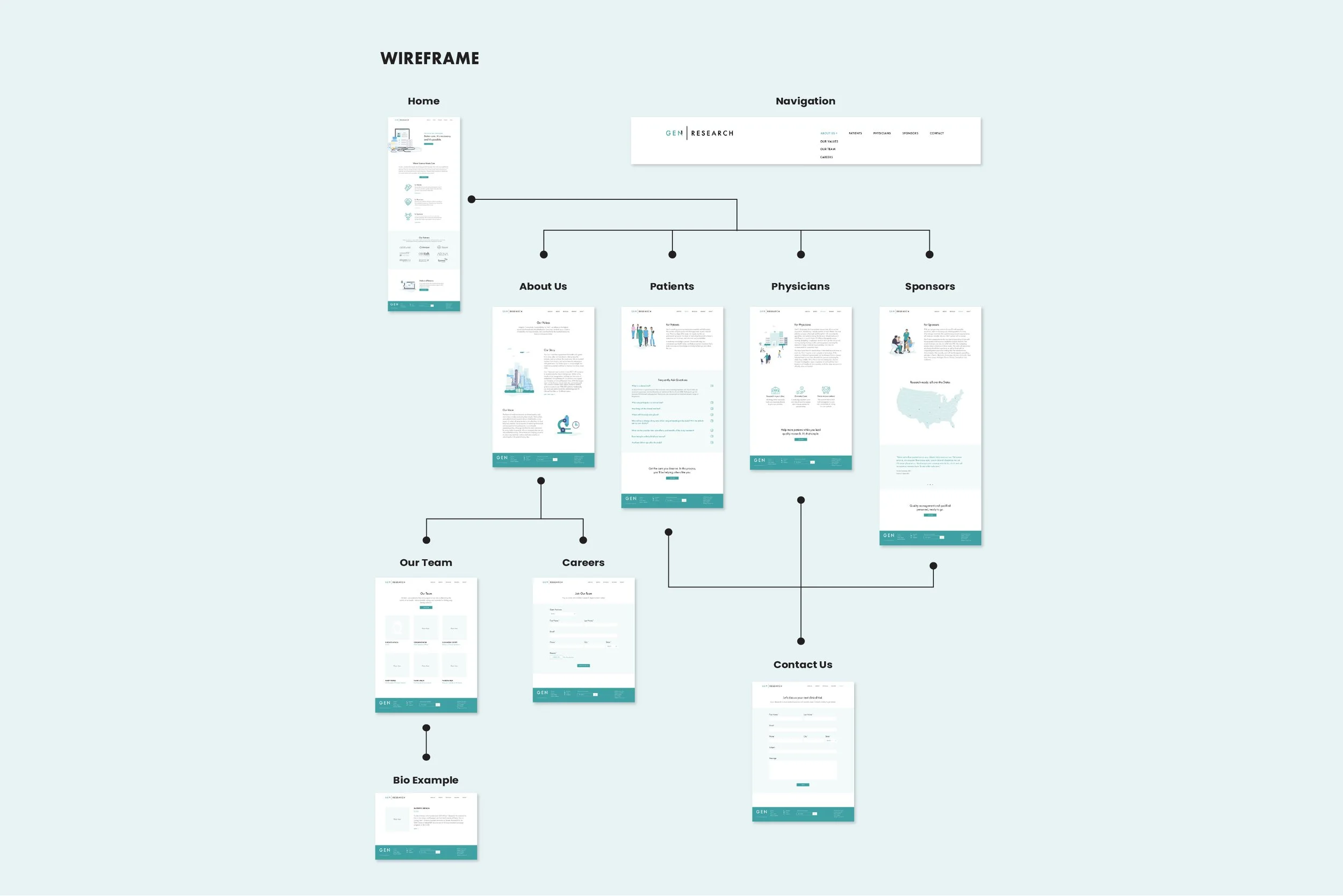A wireframe diagram of a website homepage with navigation menu, sections for About Us, Patients, Physicians, Sponsors, Our Team, Careers, Contact Us, and Bio Example, connected by lines.