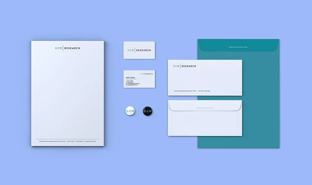 A collection of branded office stationery on a blue background, including a large letterhead, business cards, buttons, an envelope, and folders, all with a consistent 'GEN1 RESEARCH' branding.