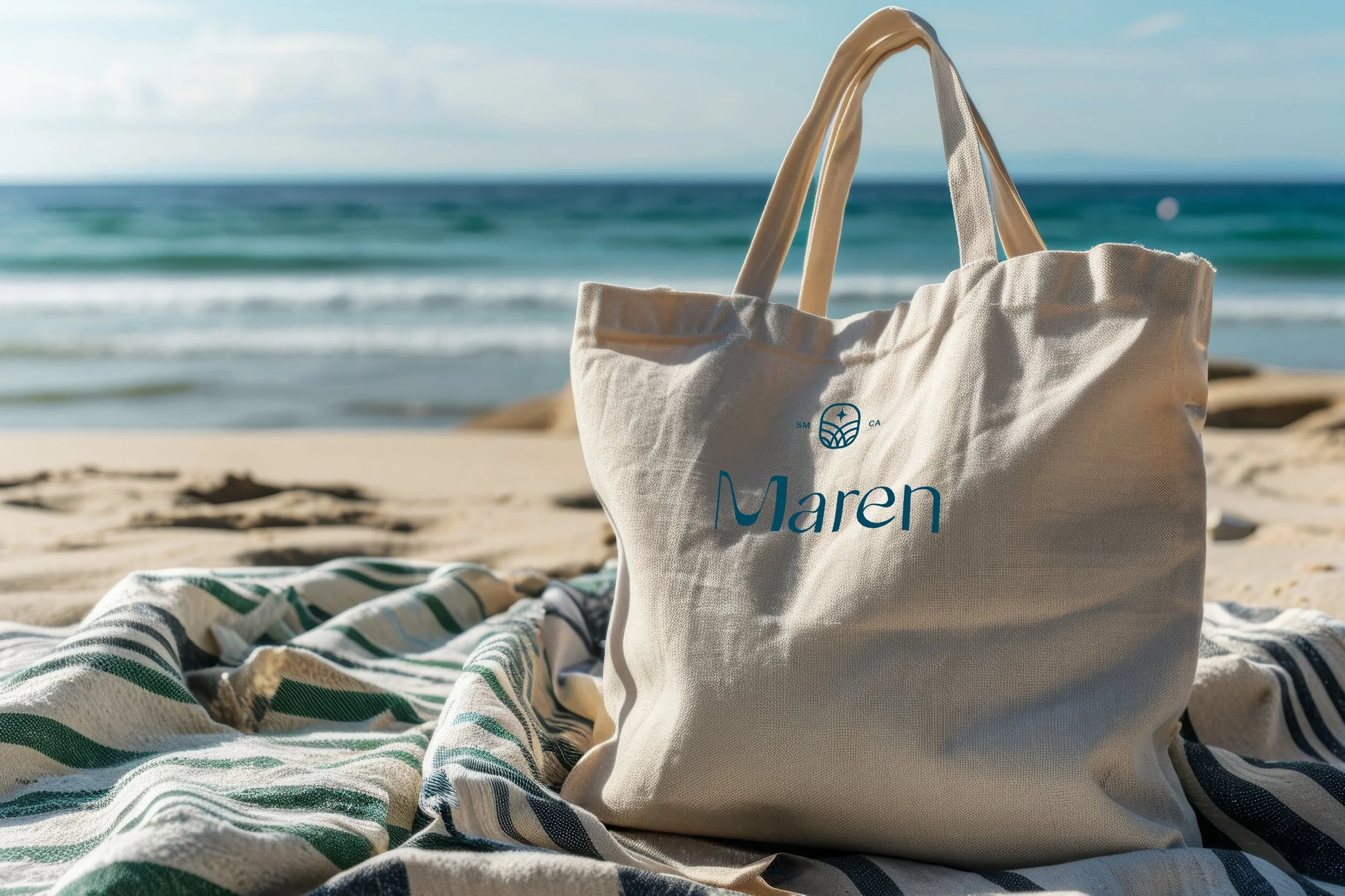 A beige tote bag with the name "Maren" printed on it, sitting on a striped towel on the sandy beach. In the background, ocean waves and the blue sky are visible.