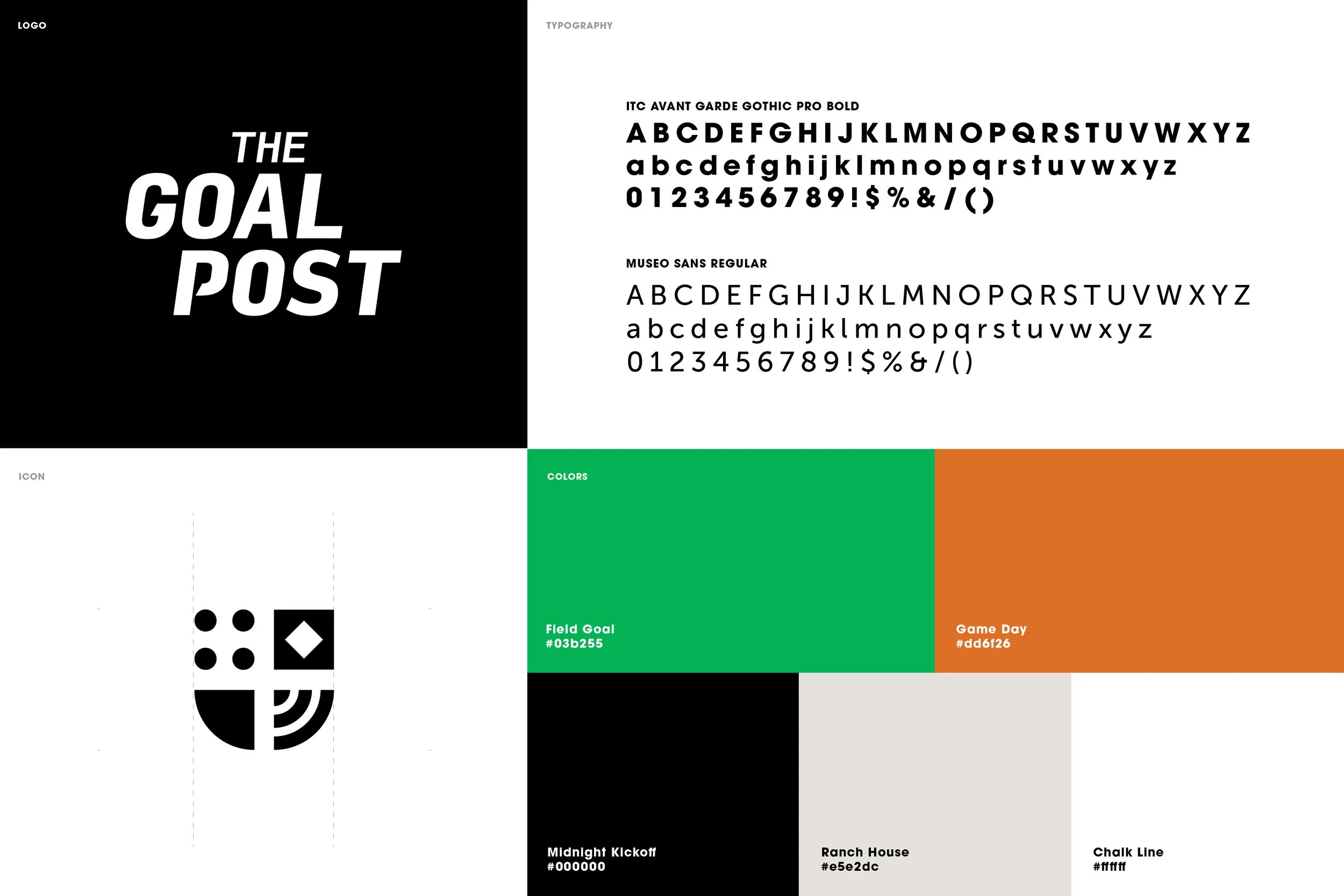 A graphic design style guide titled 'The Goal Post'. The guide features a black and white logo, typography samples with fonts ITC Avant Garde Gothic Pro Bold and Museo Sans Regular, a black icon resembling a sports goal post, and color swatches with their names and hex codes, including Field Goal, Game Day, Midnight Kickoff, Ranch House, and Chalk Line.