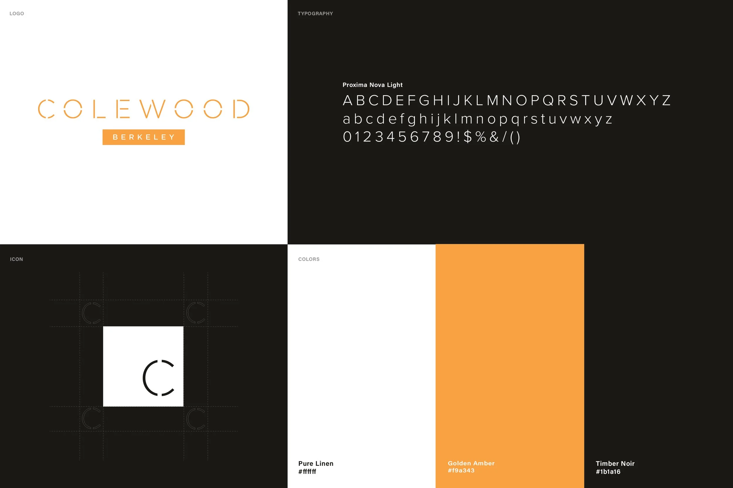 Design board featuring logo, typography, icon, and color palette. Typeface example 'Proxima Nova Light' with alphabet and characters. Icon is a centered letter 'C' within a square grid. Color palette includes Pure Linen, Golden Amber, and Timber Noir with their hex codes.