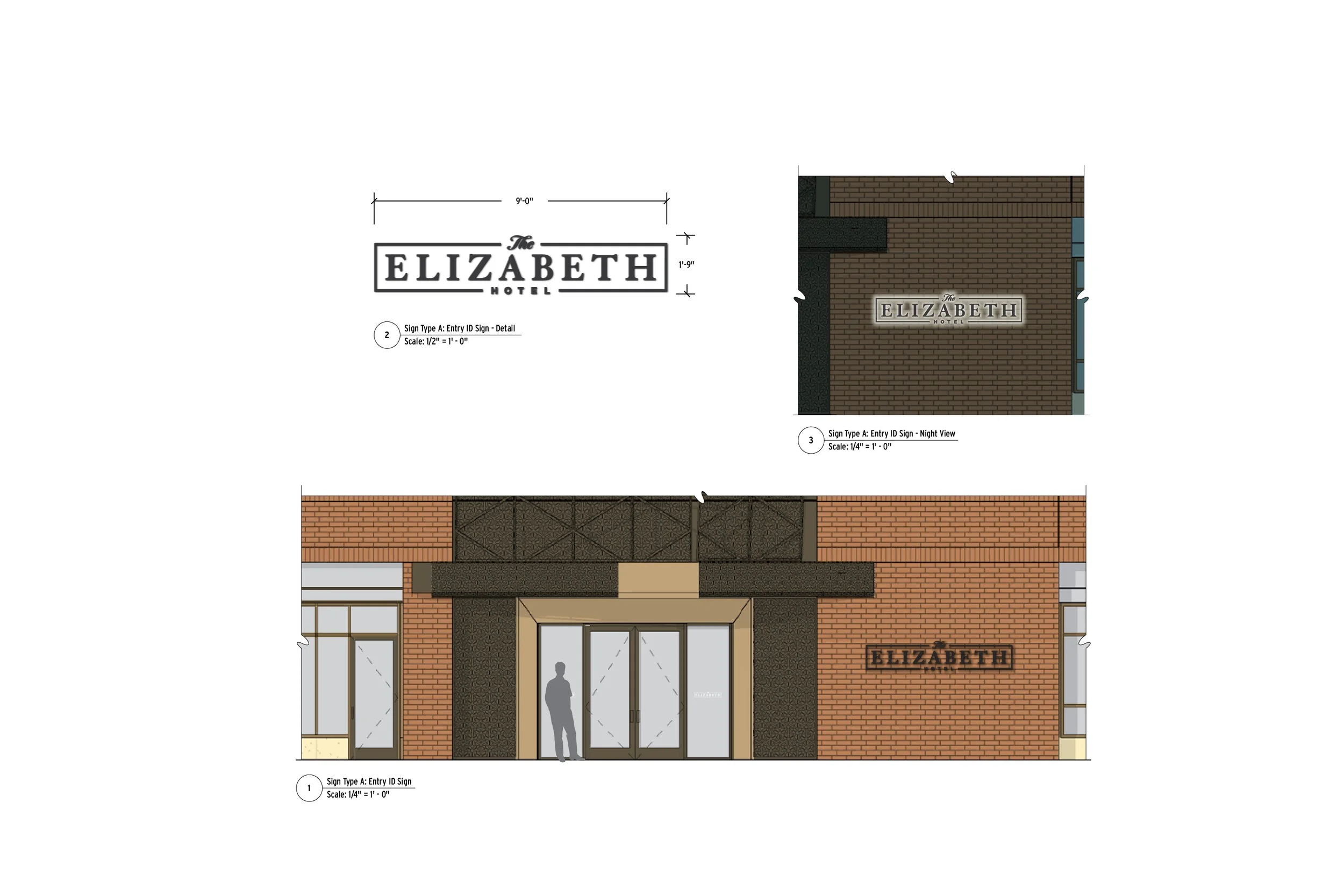 Blueprint and architectural rendering of a hotel entrance sign for The Elizabeth Hotel, showing different views and design details.