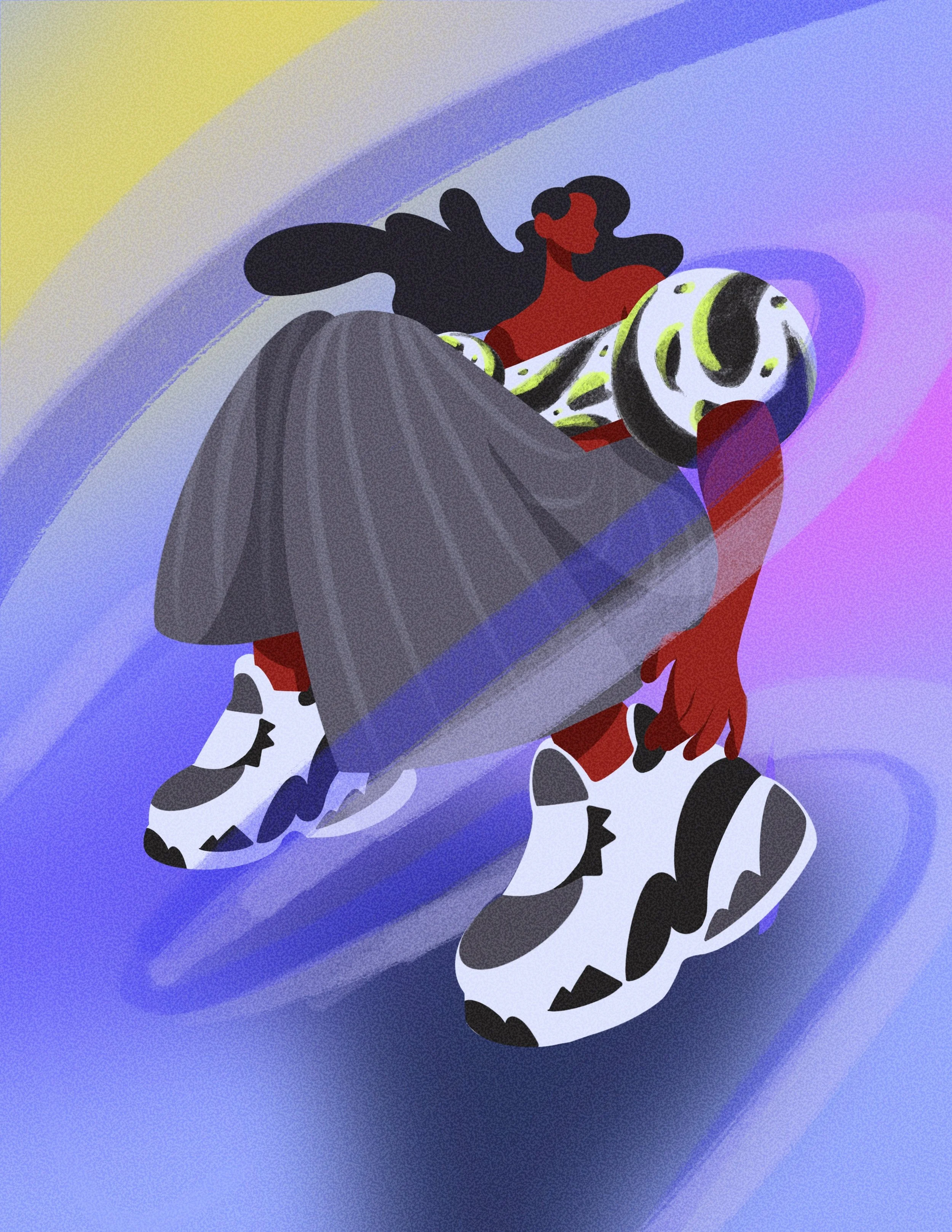 Stylized illustration of a person with red skin, black hair, wearing a white and black cow-print outfit, large white and black shoes, standing against a pastel rainbow background.