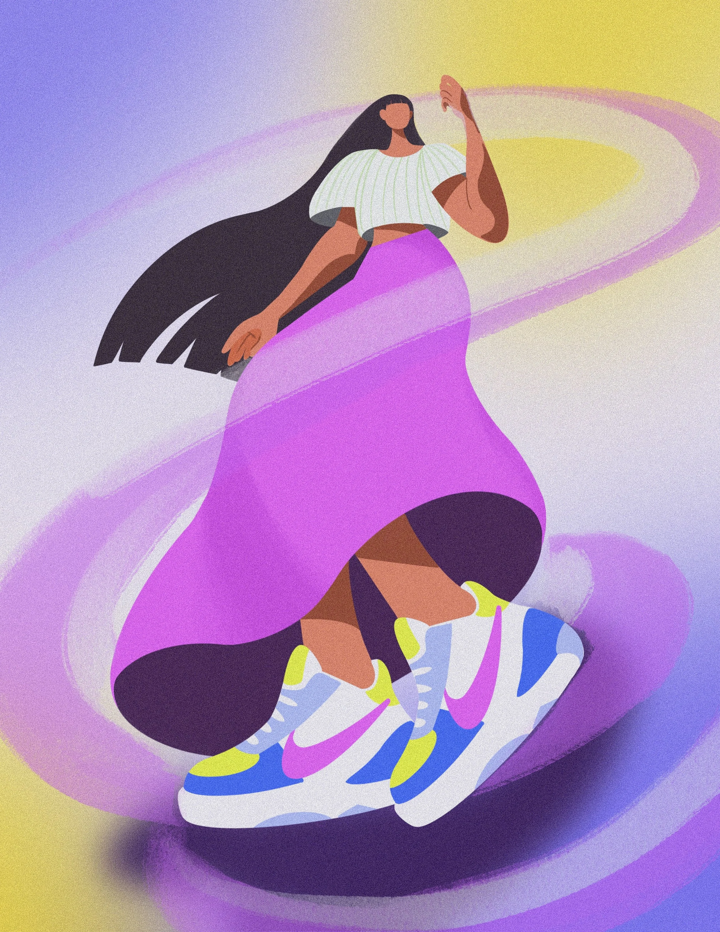 Stylized illustration of a woman with long black hair, wearing a white crop top, purple skirt, and colorful sneakers, standing with one arm raised against a pastel-colored background.