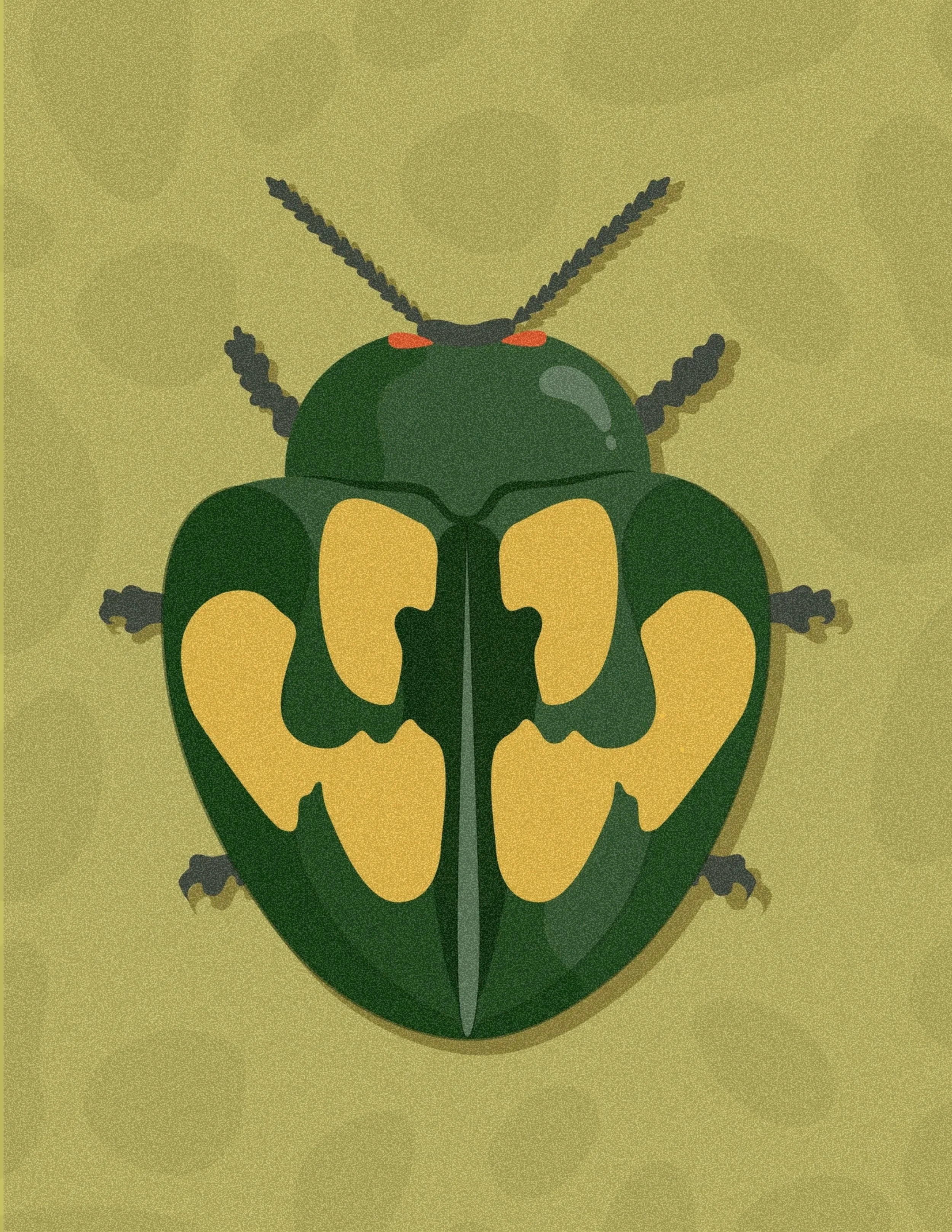 Digital illustration of a green and yellow beetle on a beige background.
