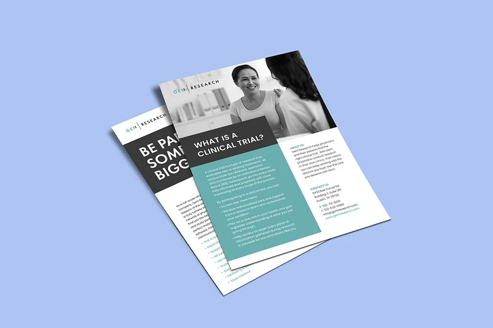 Pamphlet or flyer with information about clinical trials, featuring a black-and-white photograph of two women talking, one of whom is smiling. The document has sections titled "What is a Clinical Trial?" and includes content about clinical research and contact information.