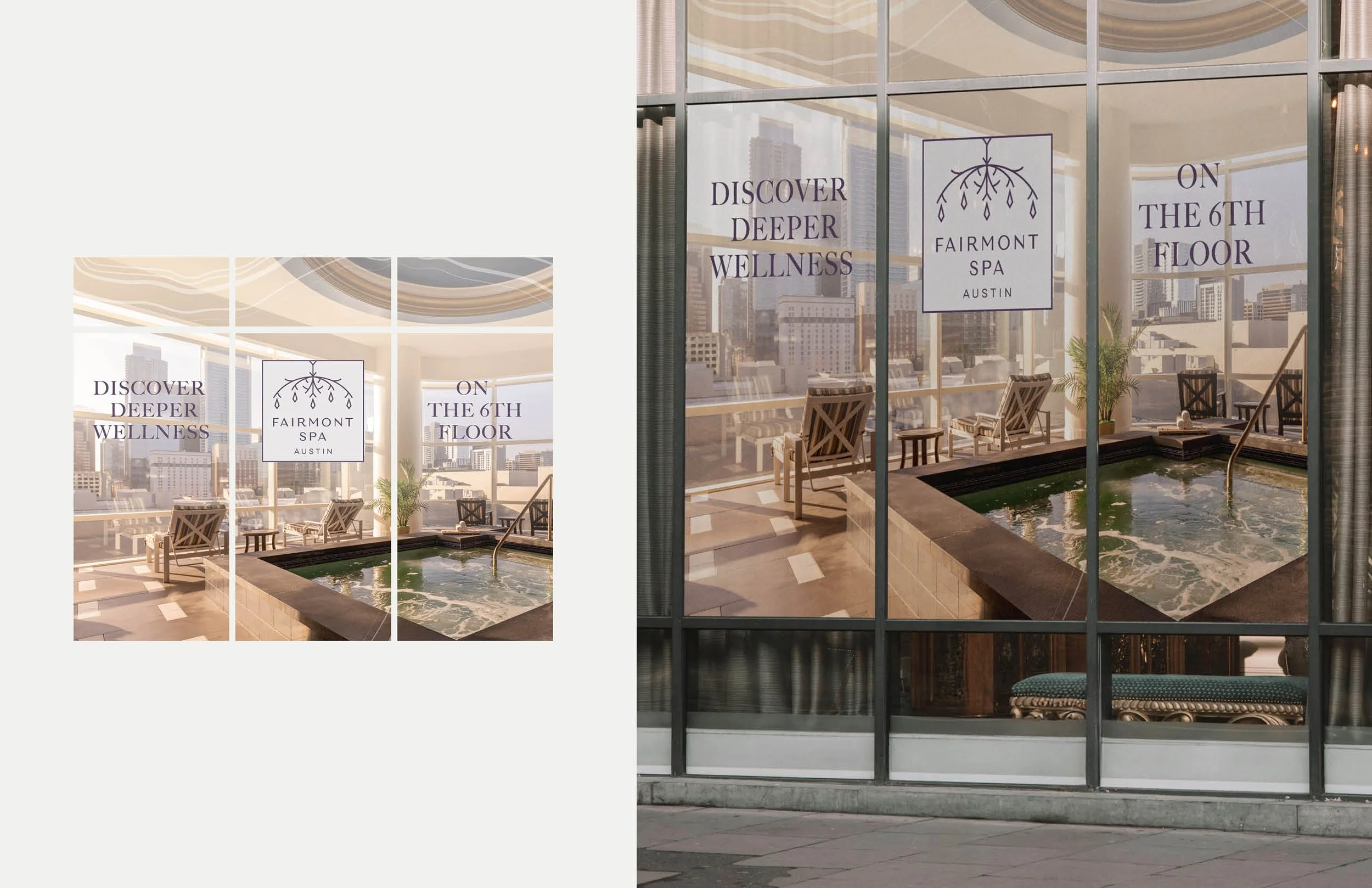 A glass window displaying a banner for Fairmont Spa Austin, with the message 'Discover Deeper Wellness on the 6th Floor'.