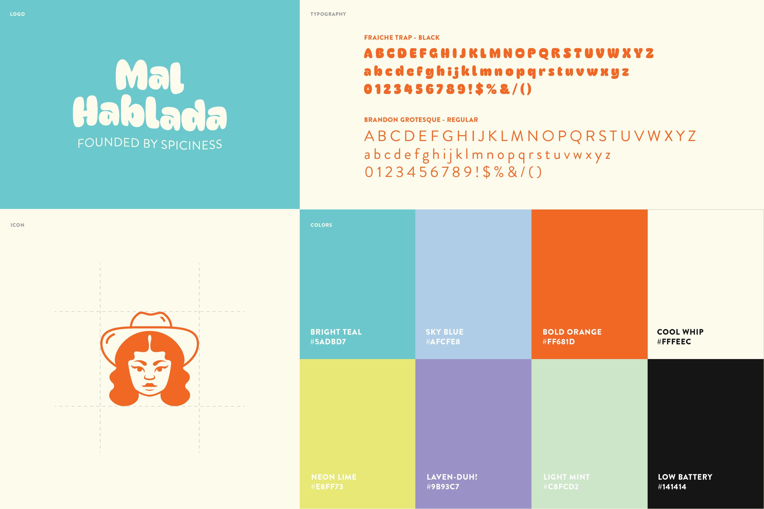 Branding style guide with a blue background on the left, featuring a white logo and the text 'Mal Hablada' and 'Founded by Spiciness.' The upper right contains font samples in orange for 'Fraiche Trap - Black' and 'Brandon Grotesque - Regular.' The bottom right displays color swatches named Bright Teal, Sky Blue, Bold Orange, Cool Whip, Neon Lime, Laven-Duh!, Light Mint, and Low Battery, each with their hex codes. An icon section shows an orange illustration of a woman's face with a hat.