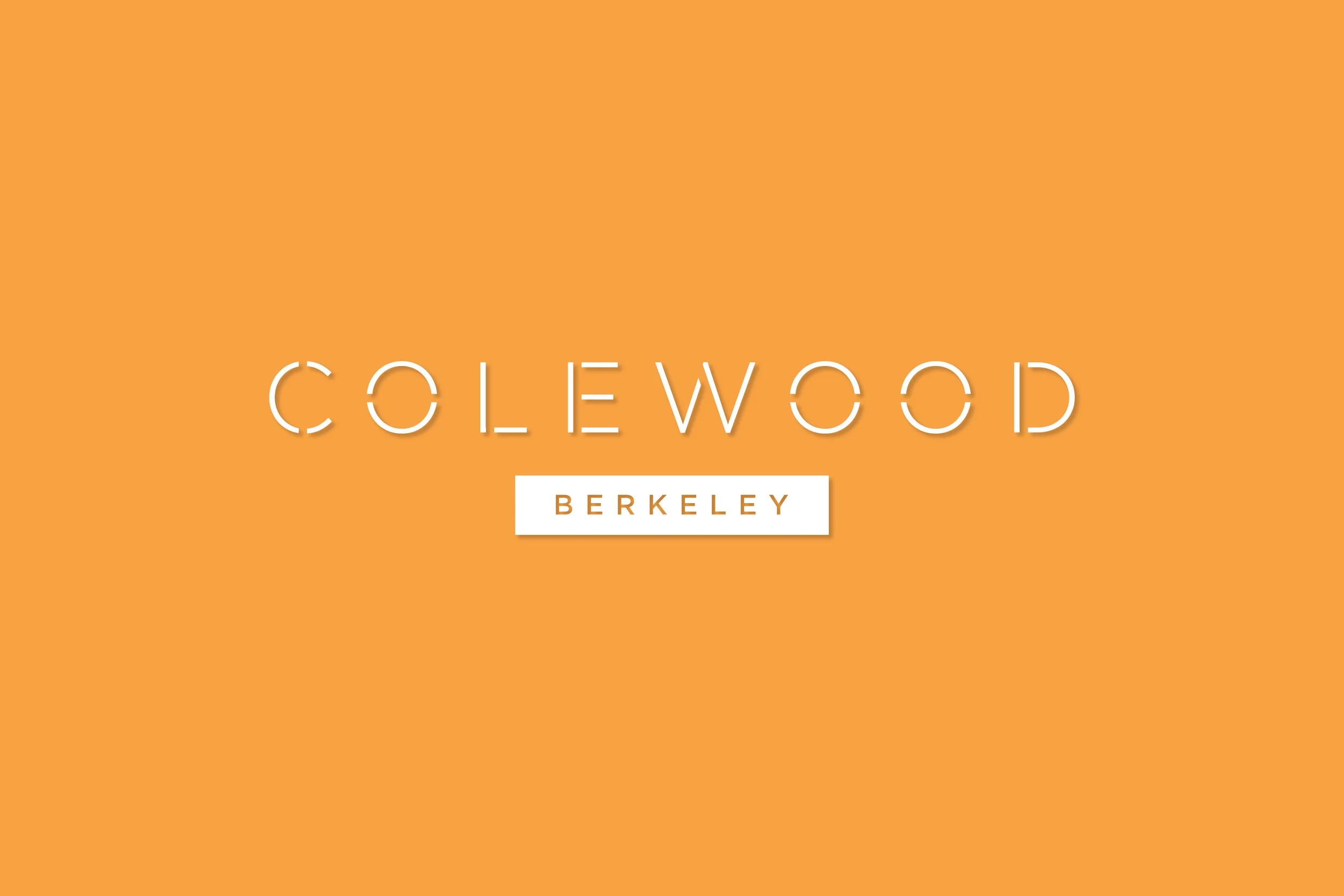 Image with orange background that says 'Colewood' with stylized text and a white rectangular box around the word 'Berkeley'.