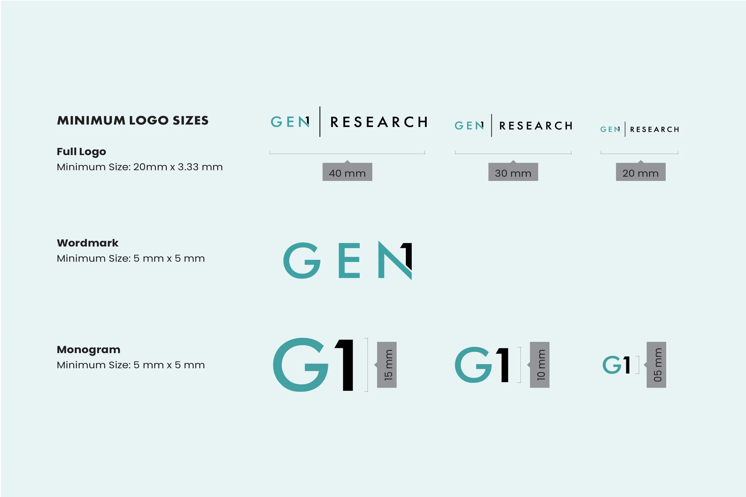Guide showing minimum logo sizes: full logo, wordmark, and monogram, with measurements for each.