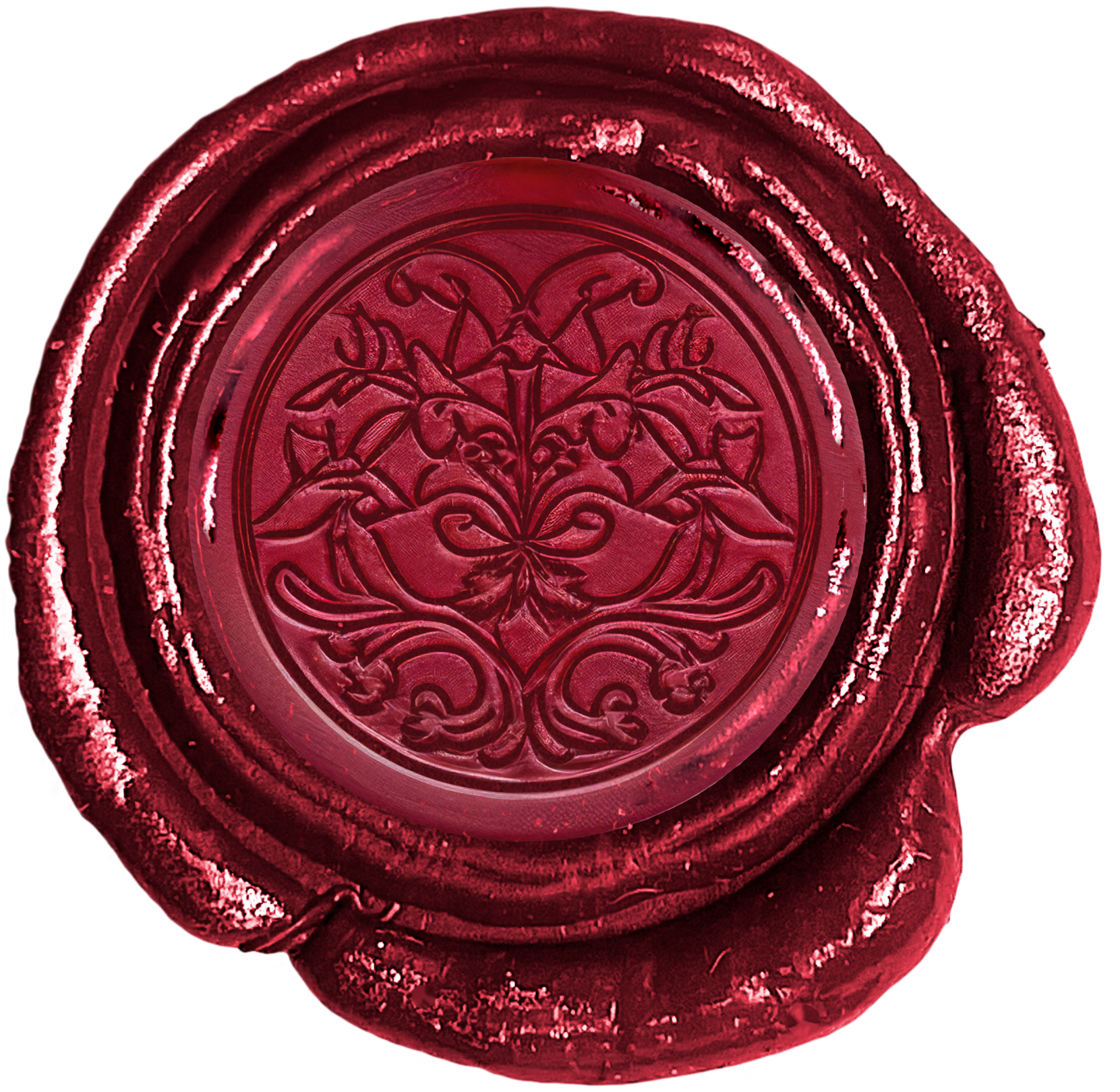 Close-up of a red wax seal with an intricate embossed floral and vine design.