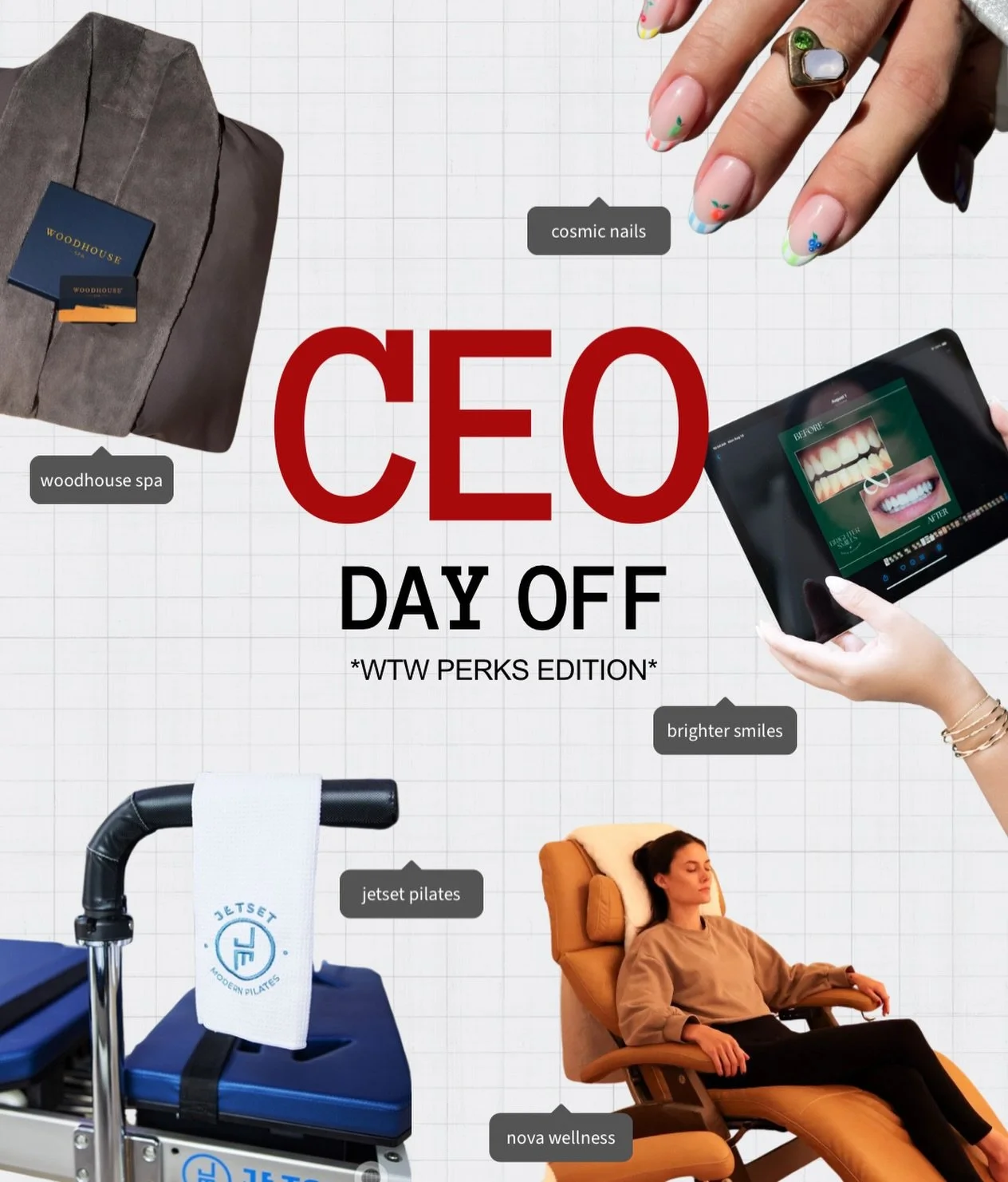 A CEO day off looks like this. 👀✨

Exclusive discounts.
Local businesses.

A little less work, a little more living.

New WTW perks just dropped. Exclusive discounts from businesses made for you.

Check your perk deck email for all the details.