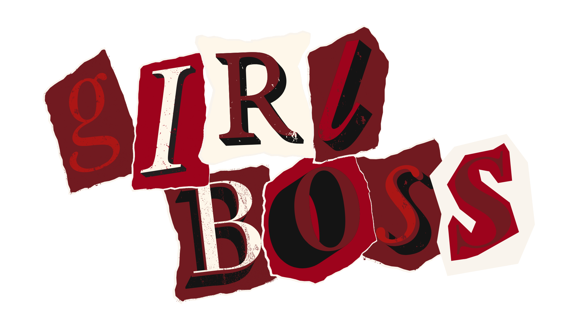 Graphic design of the words "GIRL BOSS" in stylized, layered letters on a black background.