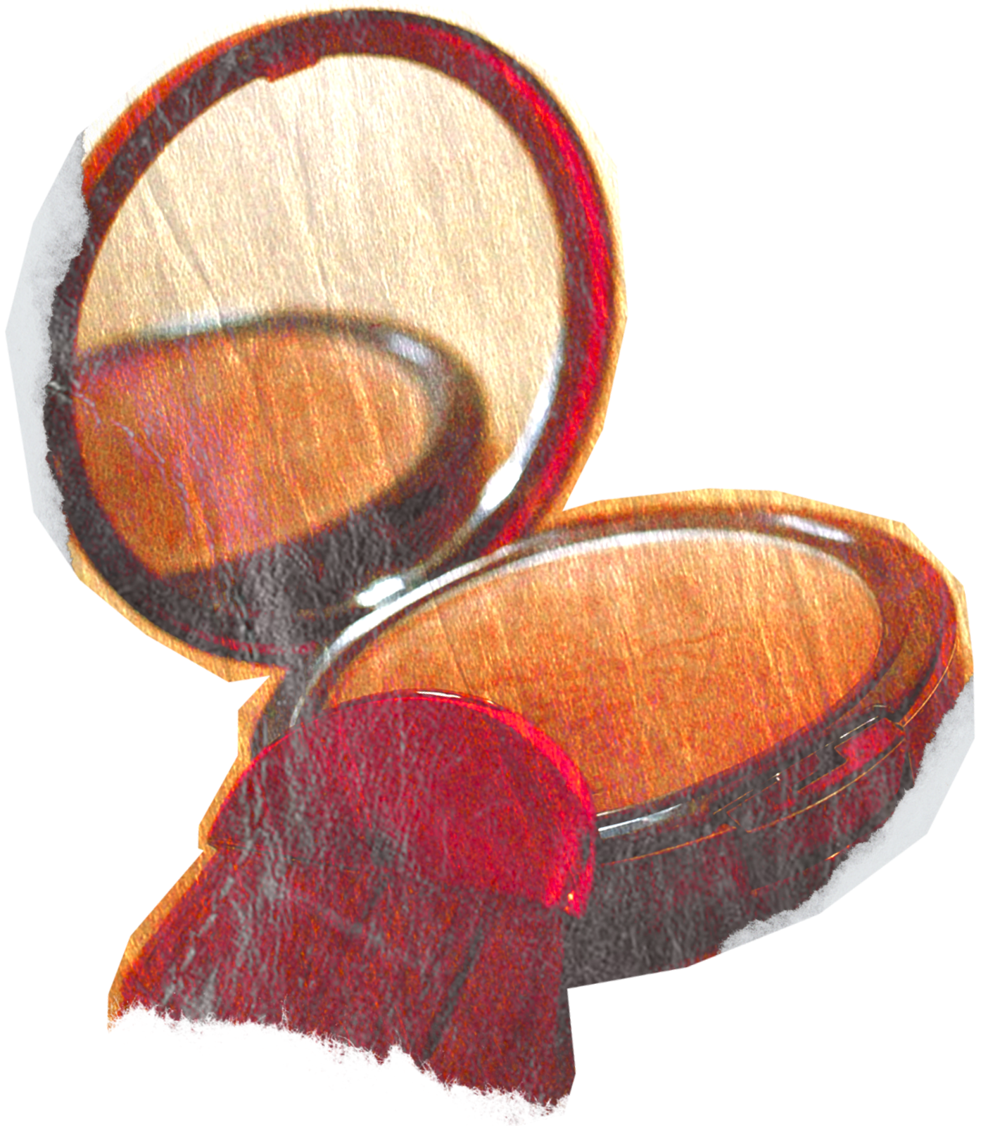 Open compact mirror with orange and red makeup blush inside.