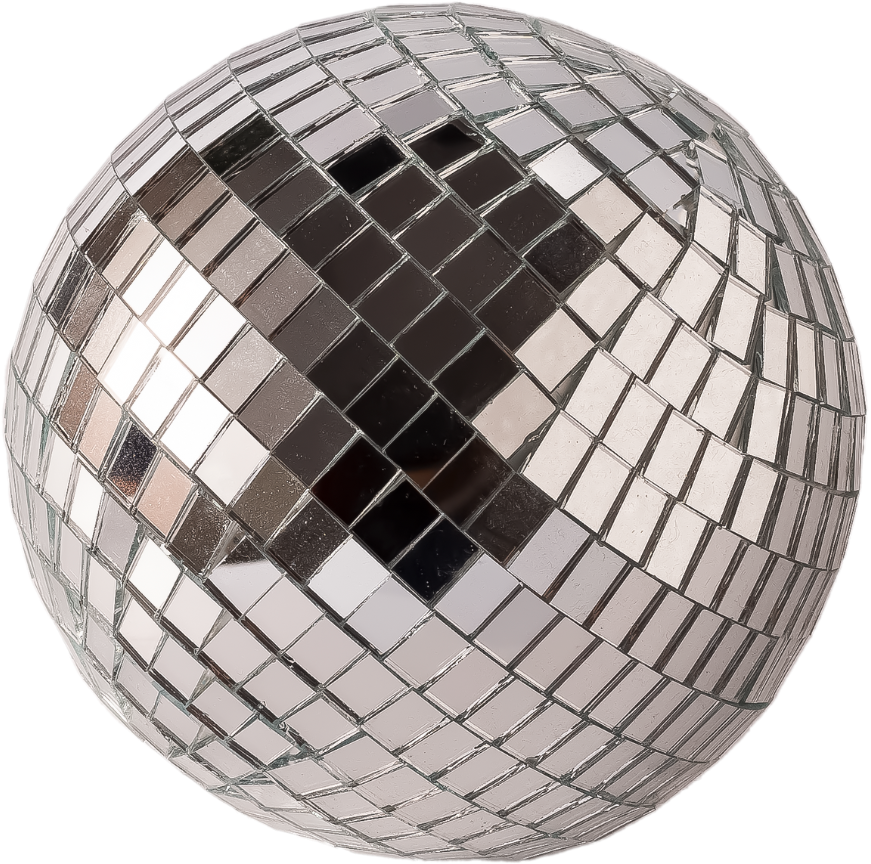 A large spherical mirror ball covered with small square mirrored tiles, creating a reflective surface.
