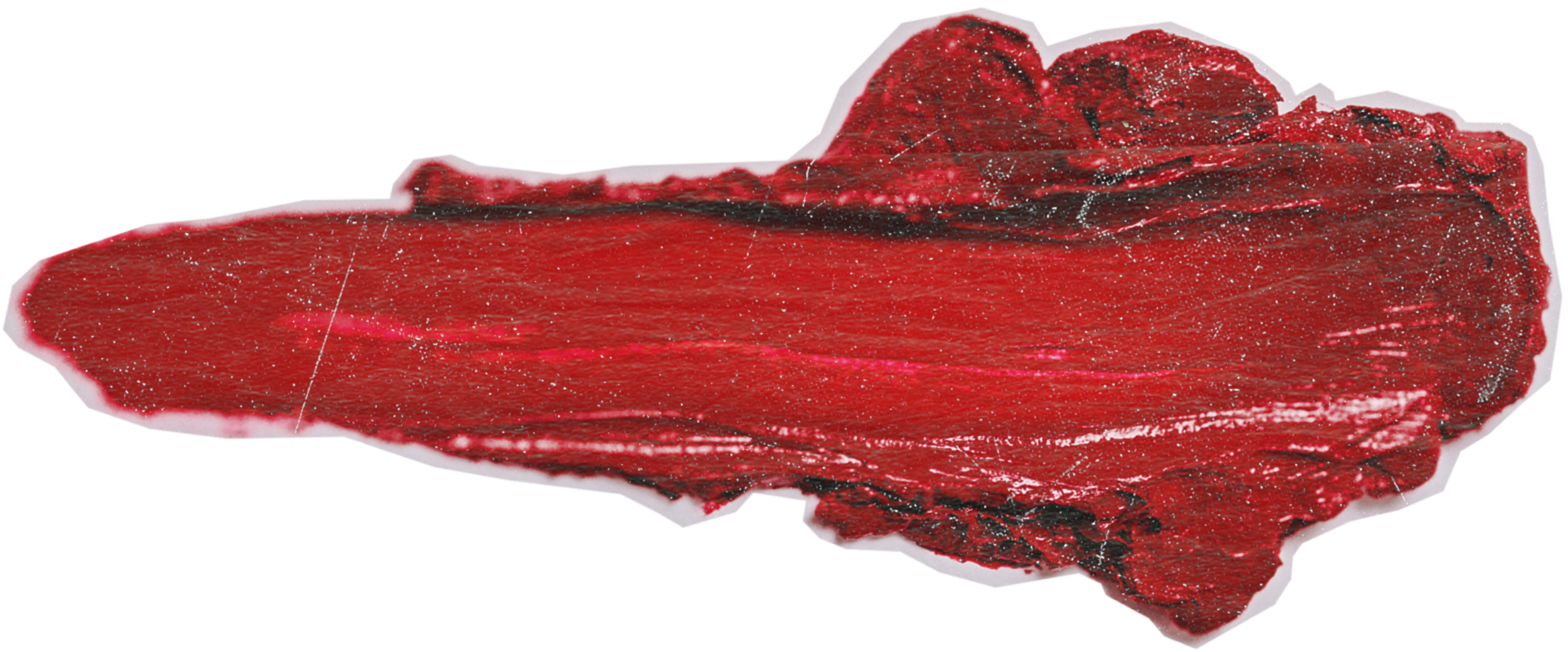 A close-up of a piece of raw red meat, likely beef steak, with visible muscle fibers and some dark marbling, isolated on a transparent background.