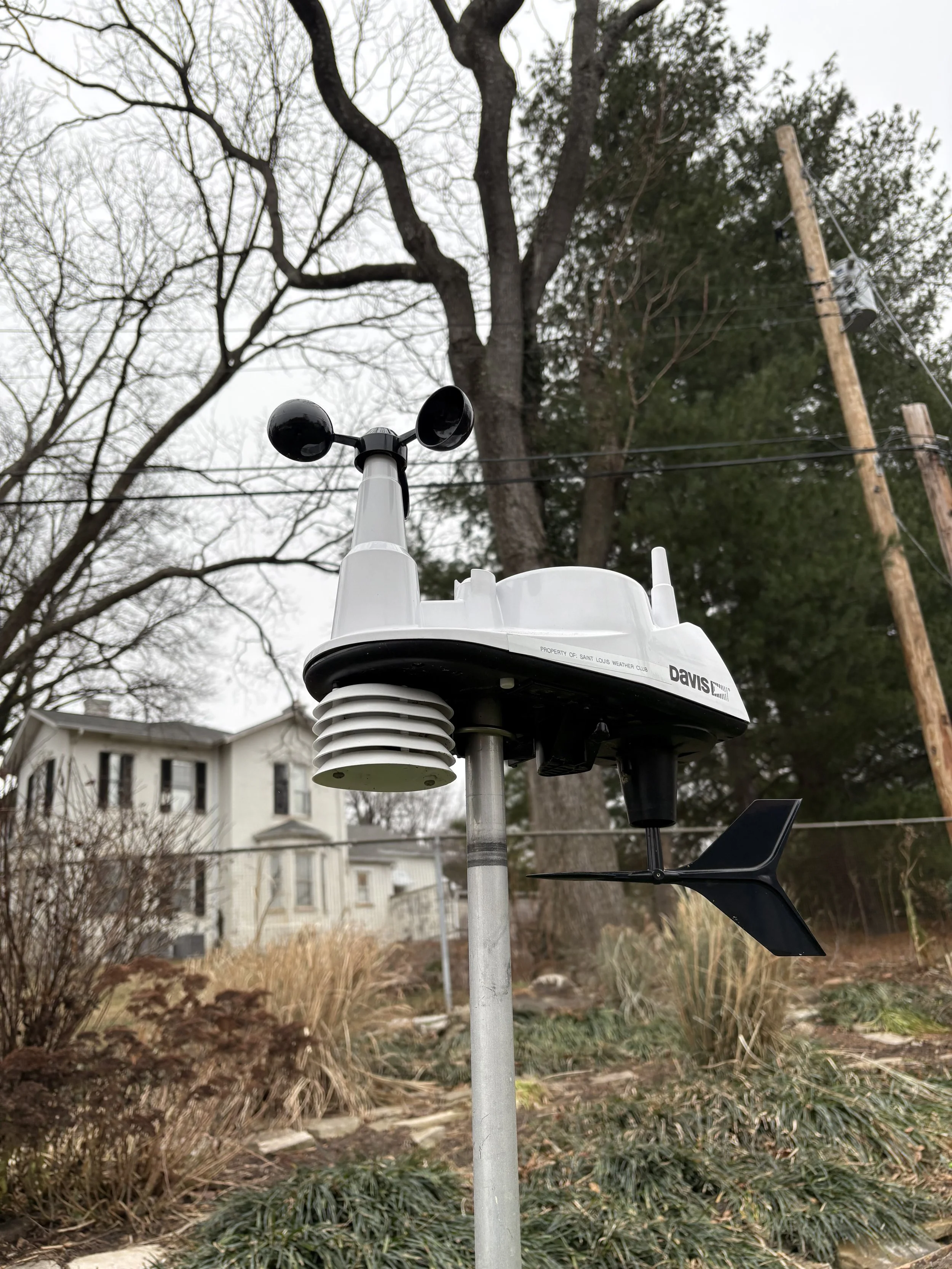 Weather station device installed outdoors in a garden, with trees and power lines in the background.