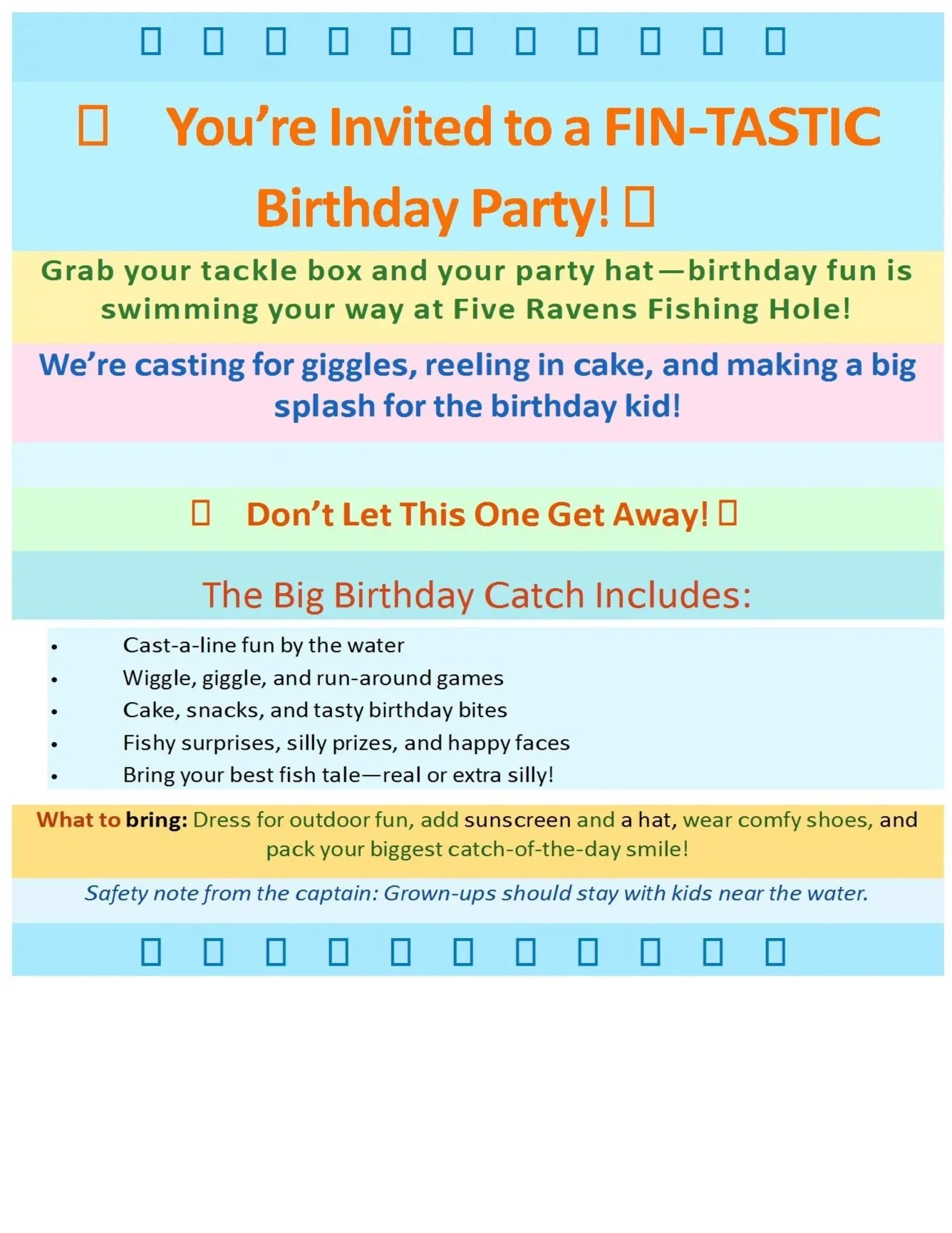 Invitation to a birthday party with activities like fishing, games, and cake, emphasizing outdoor dress code and safety near water.