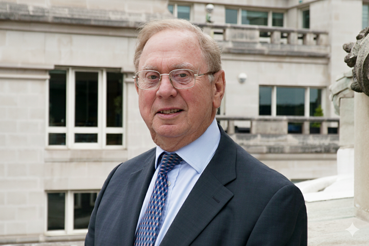 A man in a suit and glasses standing outdoors in front of a building with large windows.
