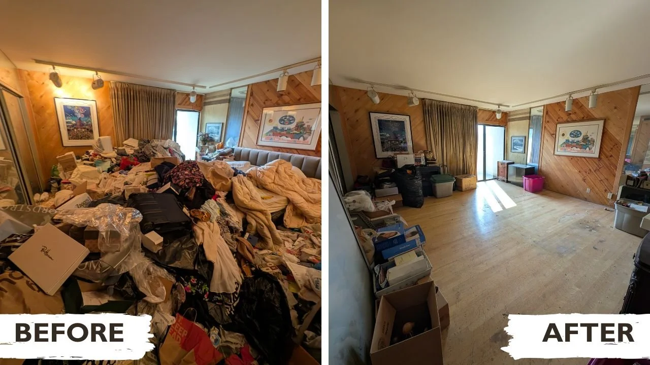 Professional residential clean-out before and after comparison with LA Trash Junkers services.