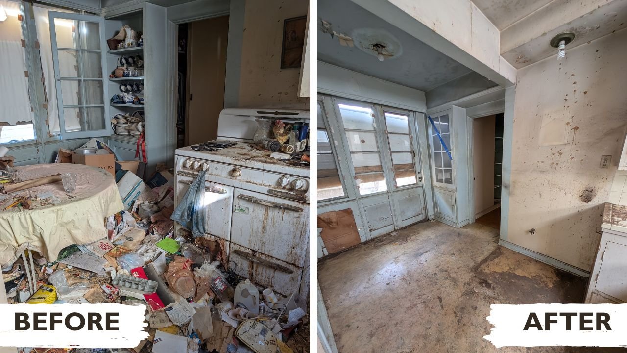 Before and after of a kitchen hoarding remediation project by LA Trash Junkers