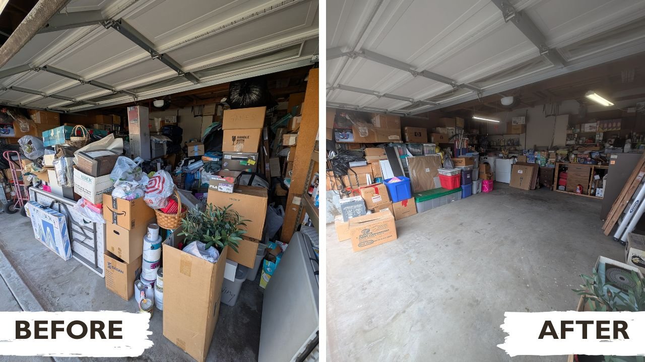 Before and after of a garage decluttering and junk removal service with LA Trash Junkers