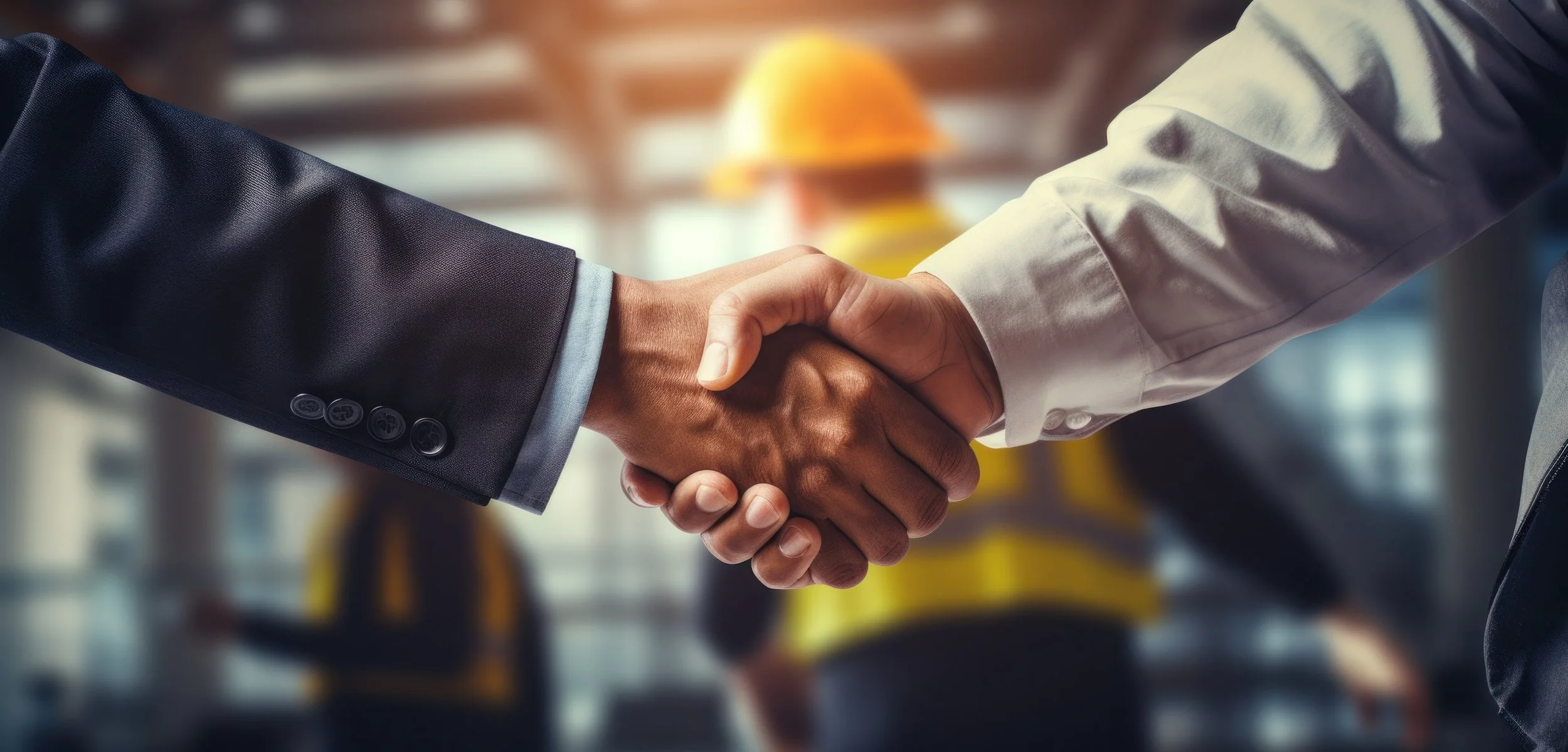 Two individuals wearing business suits shaking hands in an industrial setting with a construction worker in a yellow safety helmet in the background.
