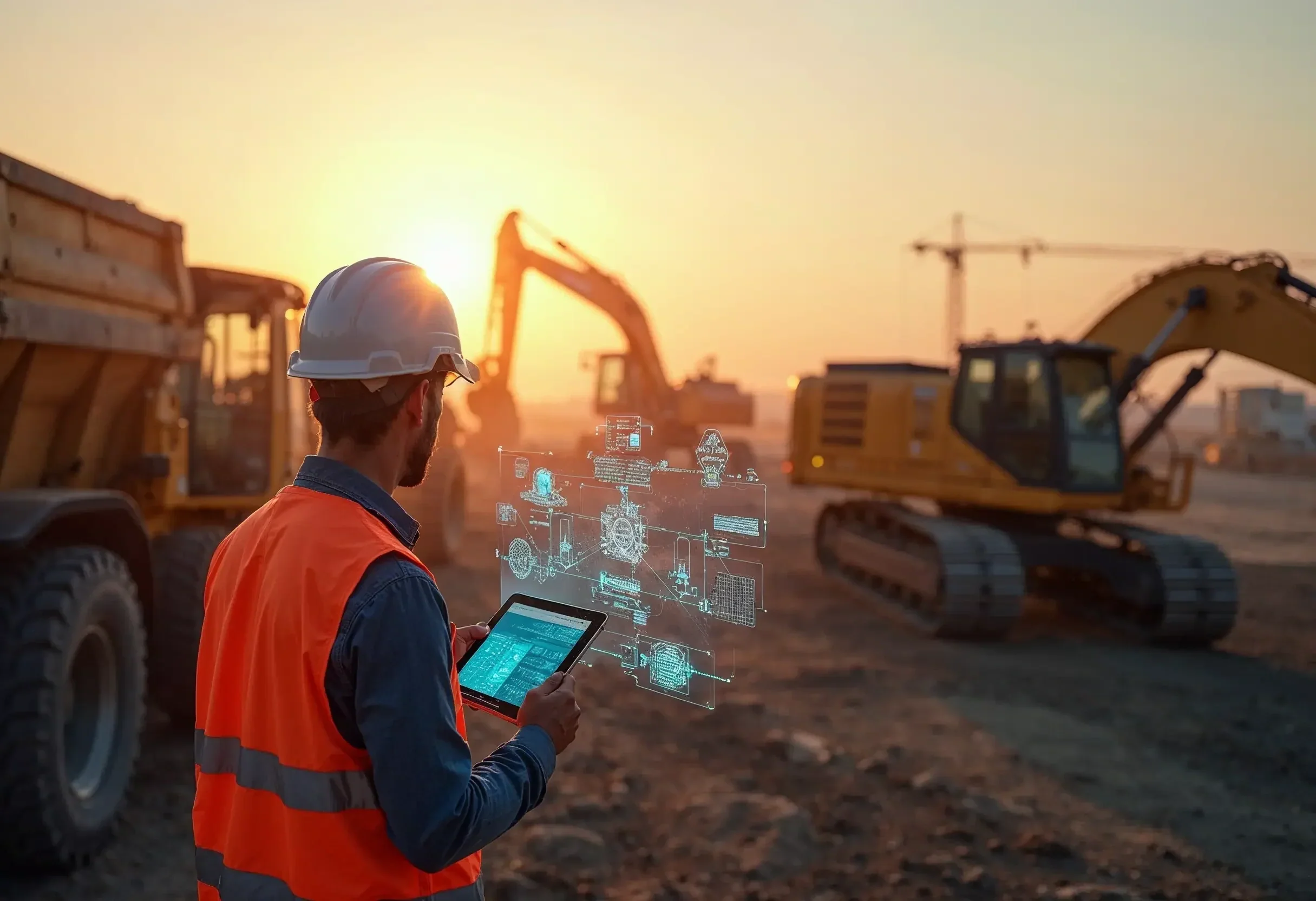 Construction worker in orange safety vest and helmet using a tablet at a construction site with excavators and a sunset in the background.