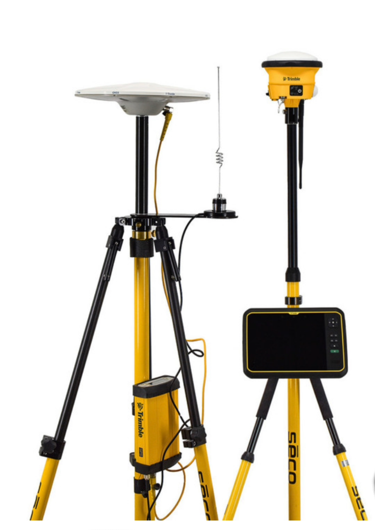 Set of three surveying instruments on tripods, used for land measurement and mapping, with a bright yellow and black color scheme.
