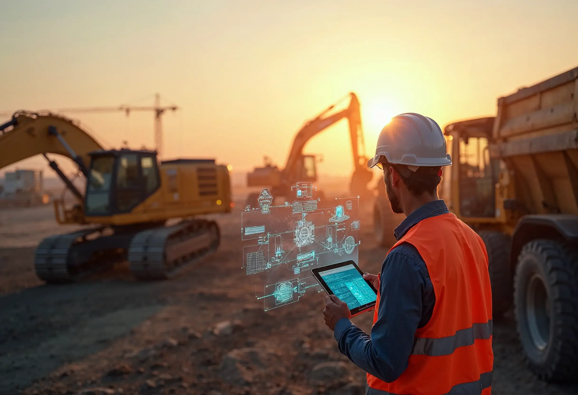 Construction worker in safety helmet and vest looking at a tablet with digital blueprint overlay, construction site with excavators during sunset in the background.