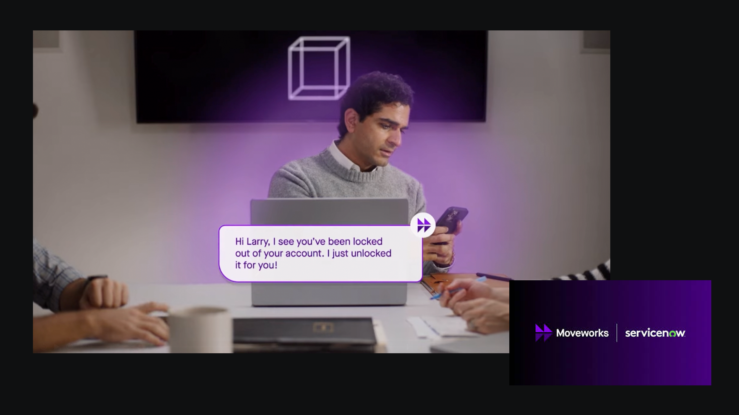 Professional actor Parth Kichloo in a commercial for the company Moveworks AI. He is seen sitting at the head of a conference table leading the meeting.