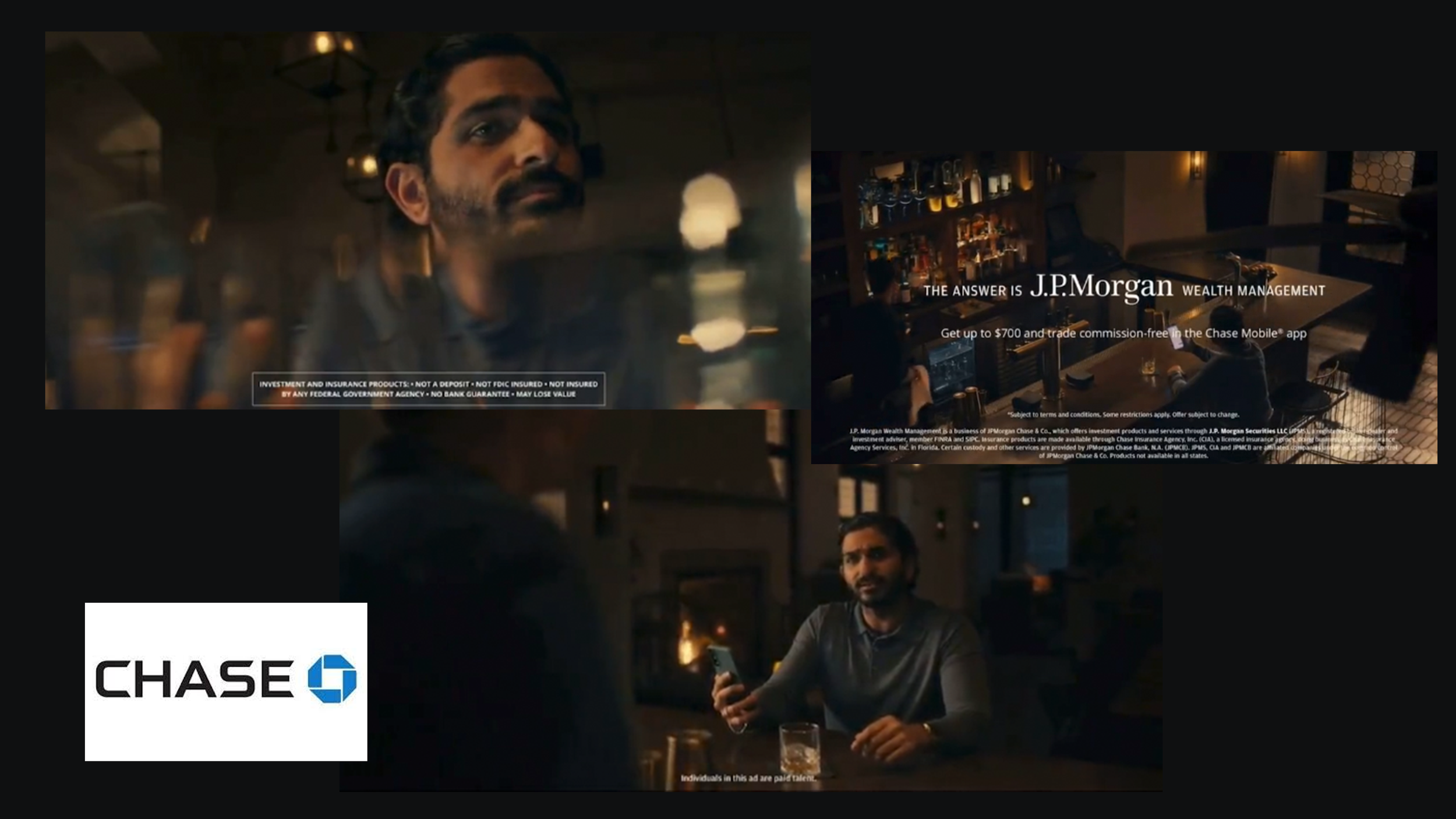 Professional actor Parth Kichloo cast in a nationally broadcast commercial for J.P. Morgan Chase & Co. A montage of shots from the commercial depicting Parth Kichloo sitting at a bar and contemplating his financial situation.