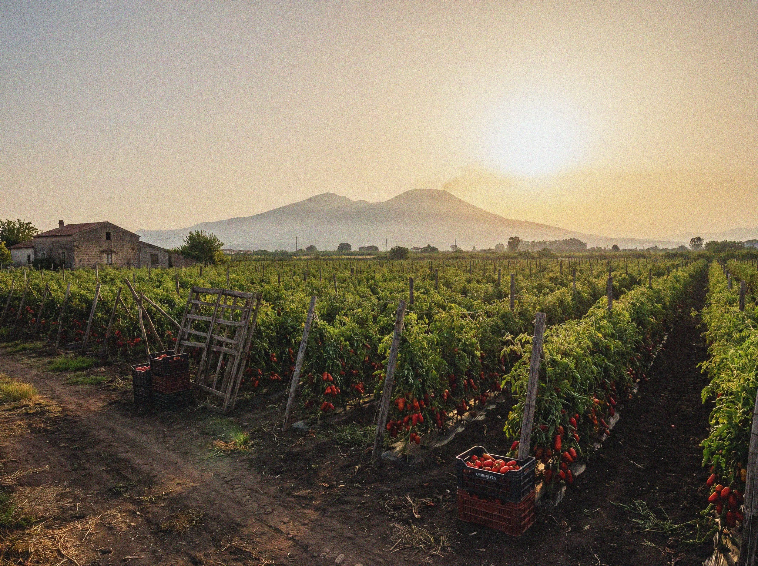 Sunset over a tomato field with a small stone house and mountains in the background.