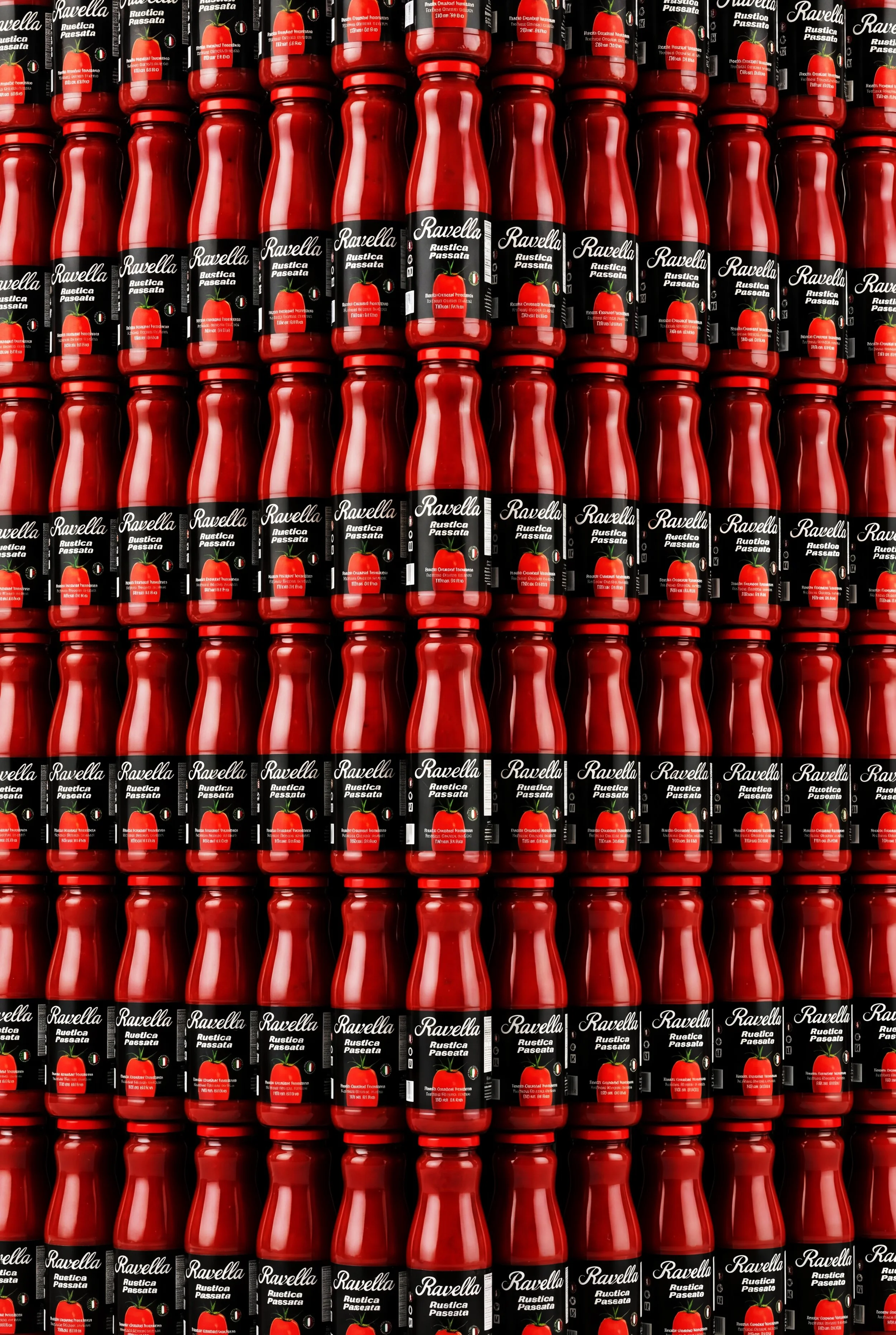 A supermarket display with multiple bottles of Ravella rustica passata tomato sauce stacked in rows.